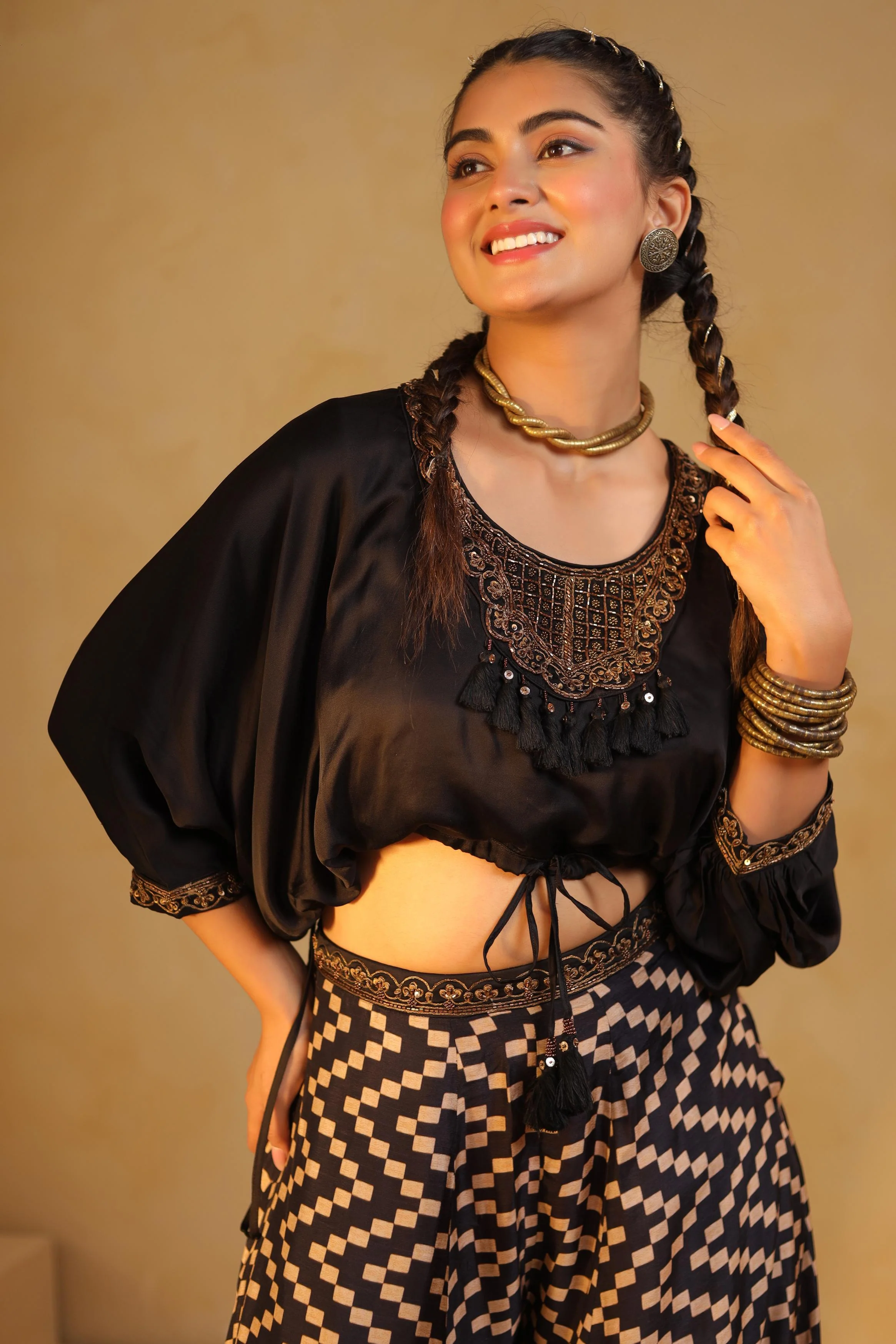Black Embellished Modal Satin Co-Ord Set - Image 2