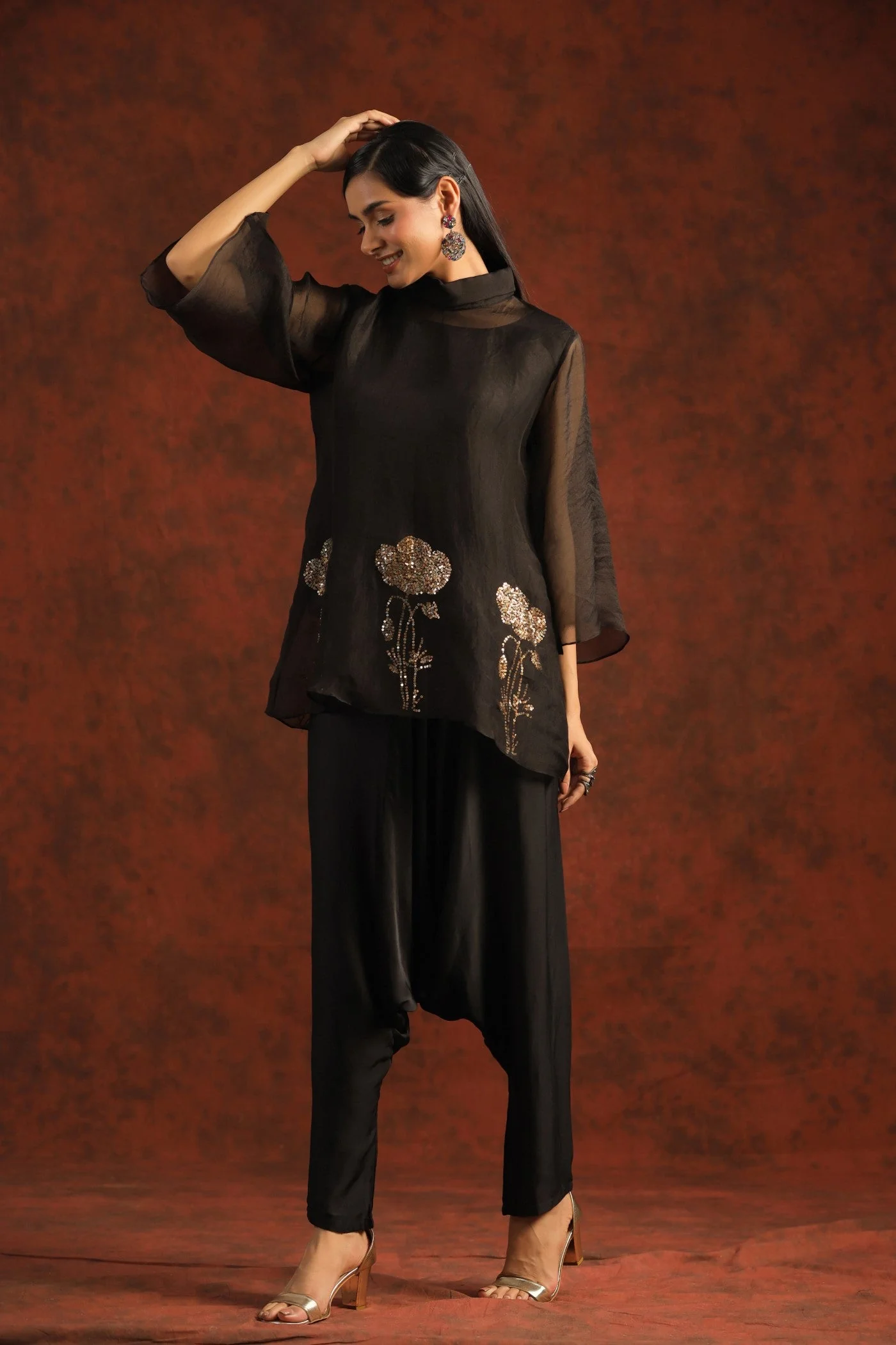 Black Embellished Organza Silk Co-ord Sets - Image 2