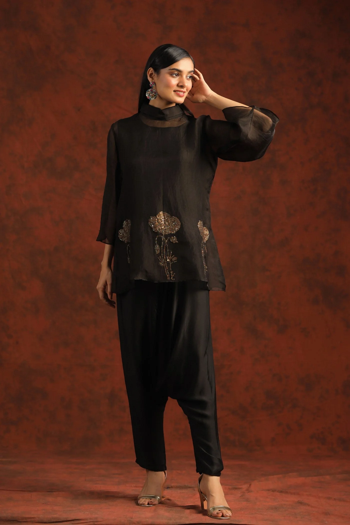 Black Embellished Organza Silk Co-ord Sets - Image 3