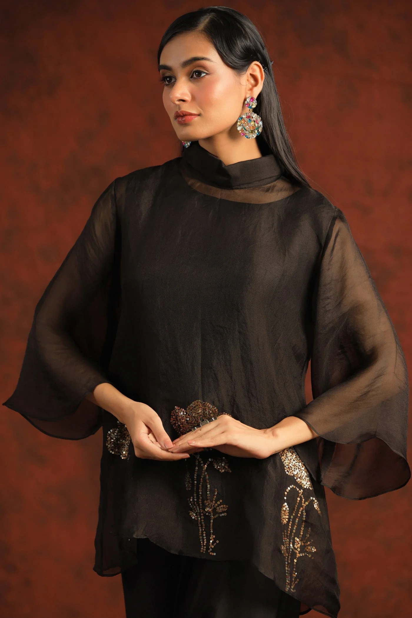 Black Embellished Organza Silk Co-ord Sets - Image 4