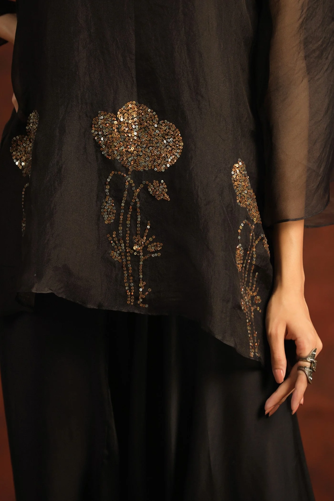 Black Embellished Organza Silk Co-ord Sets - Image 5