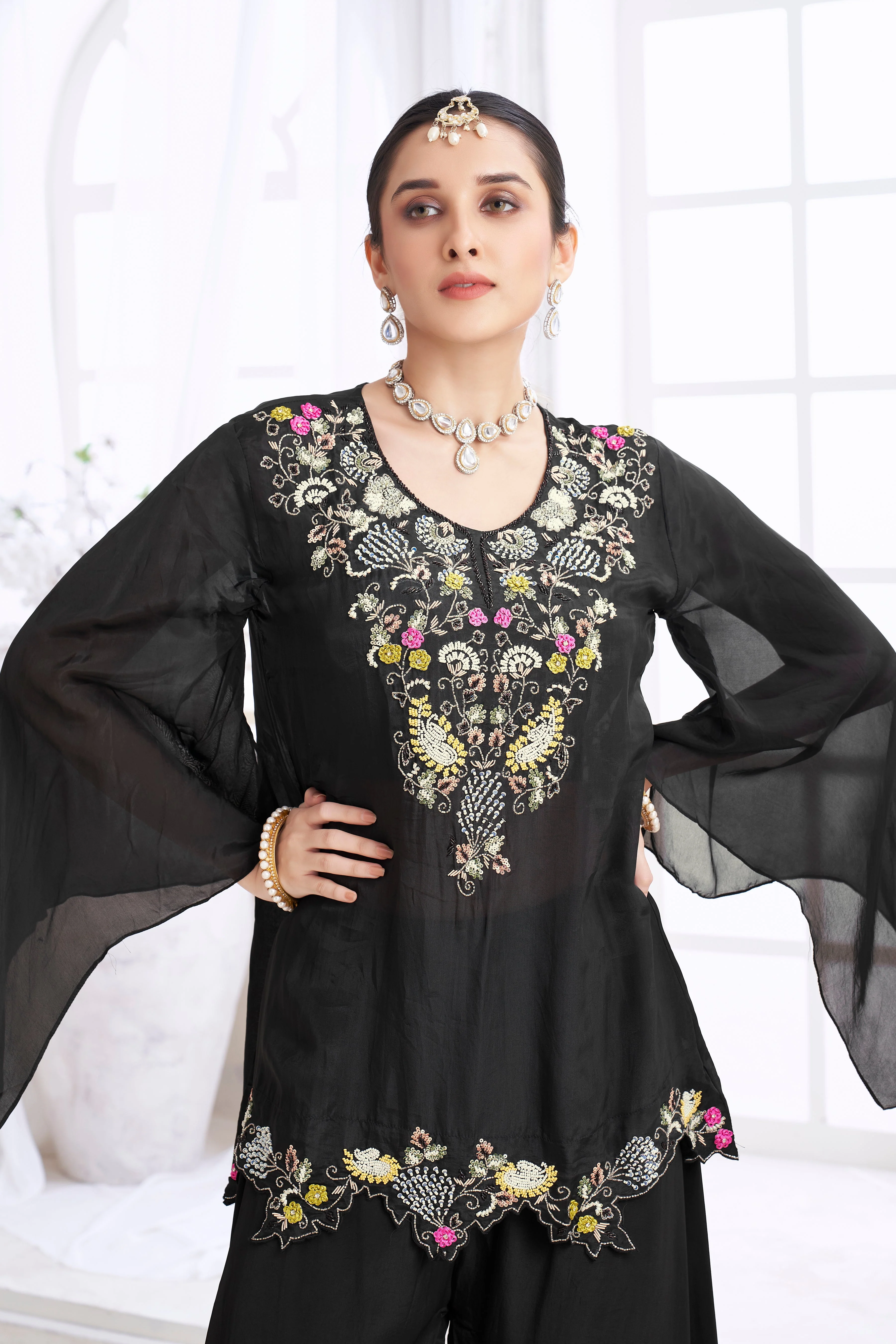Black Embellished Organza Silk Palazzo Set - Image 2