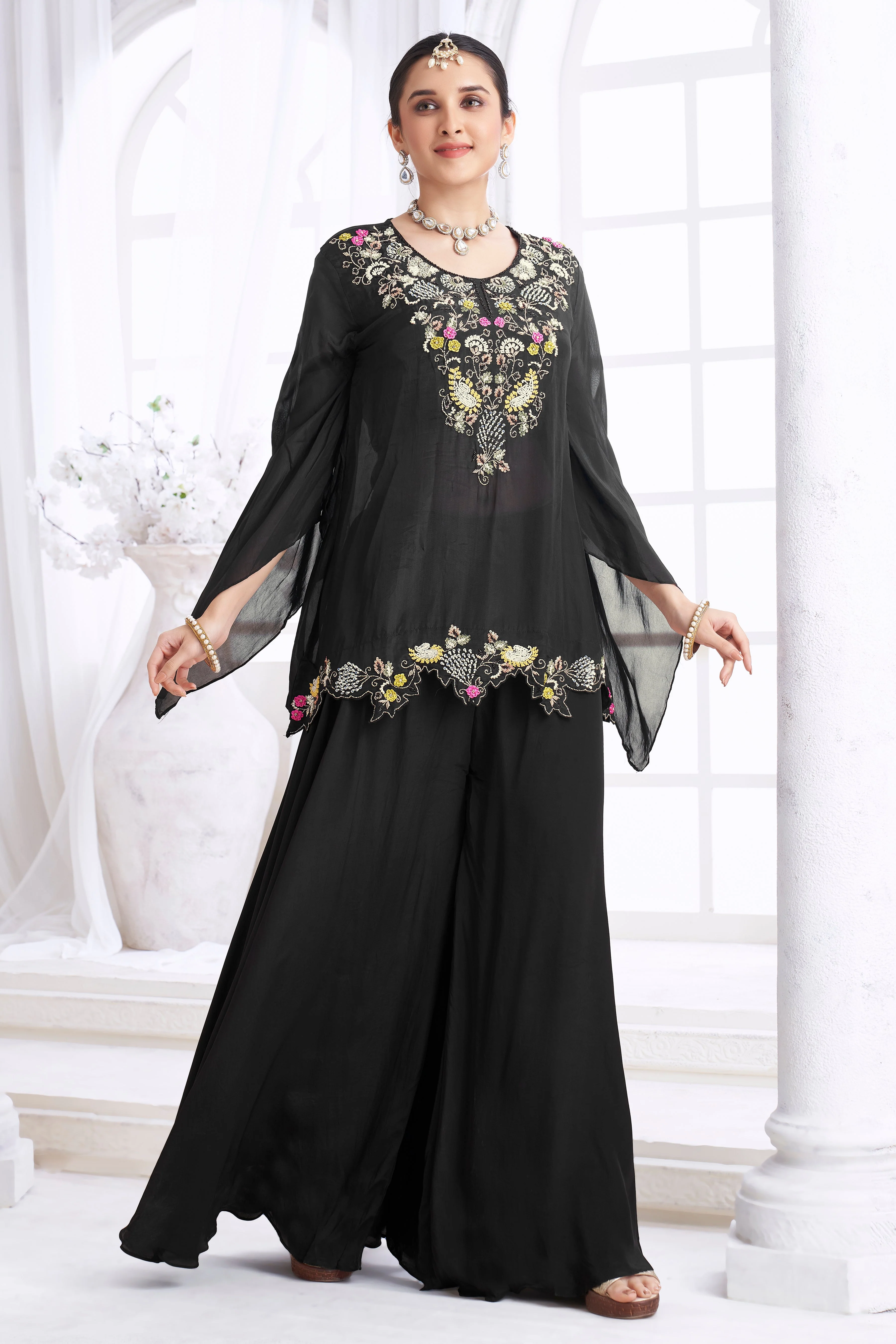 Black Embellished Organza Silk Palazzo Set - Image 3