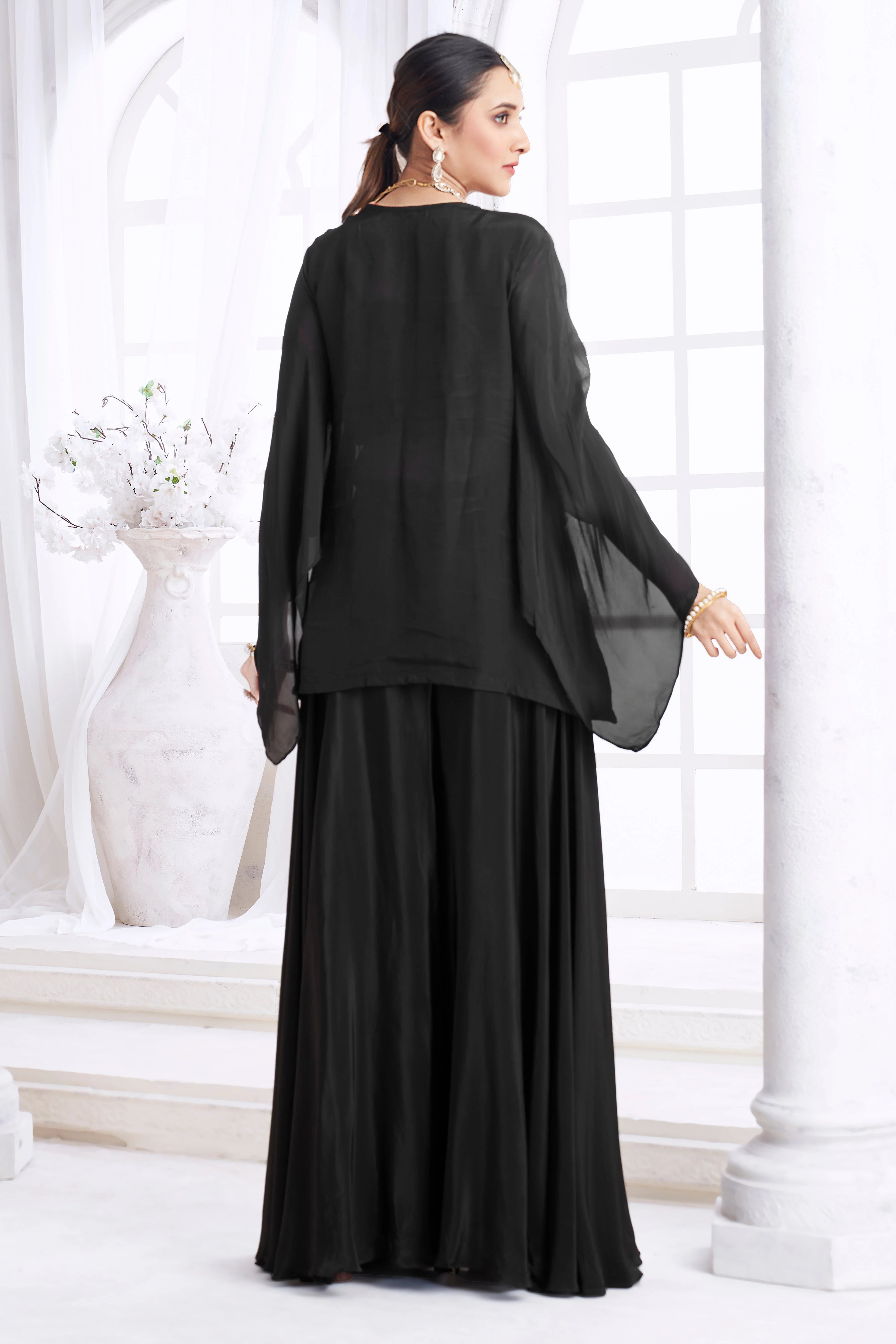 Black Embellished Organza Silk Palazzo Set - Image 4