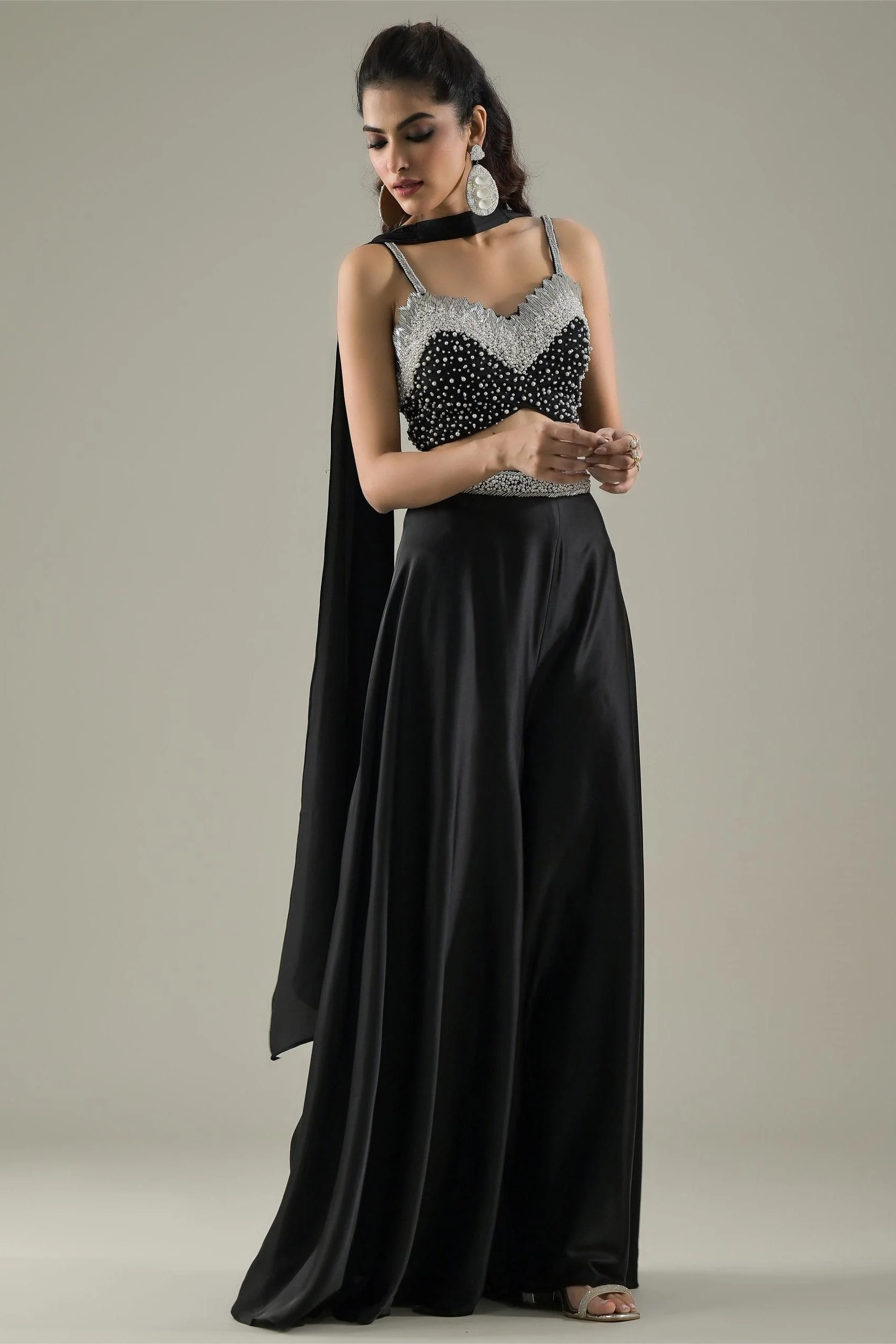 Black Embellished Premium Net Palazzo Set - Image 3