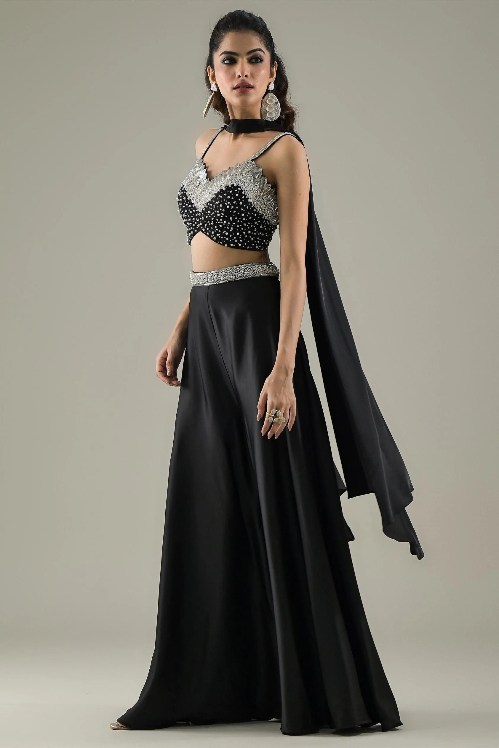 Black Embellished Premium Net Palazzo Set - Image 4