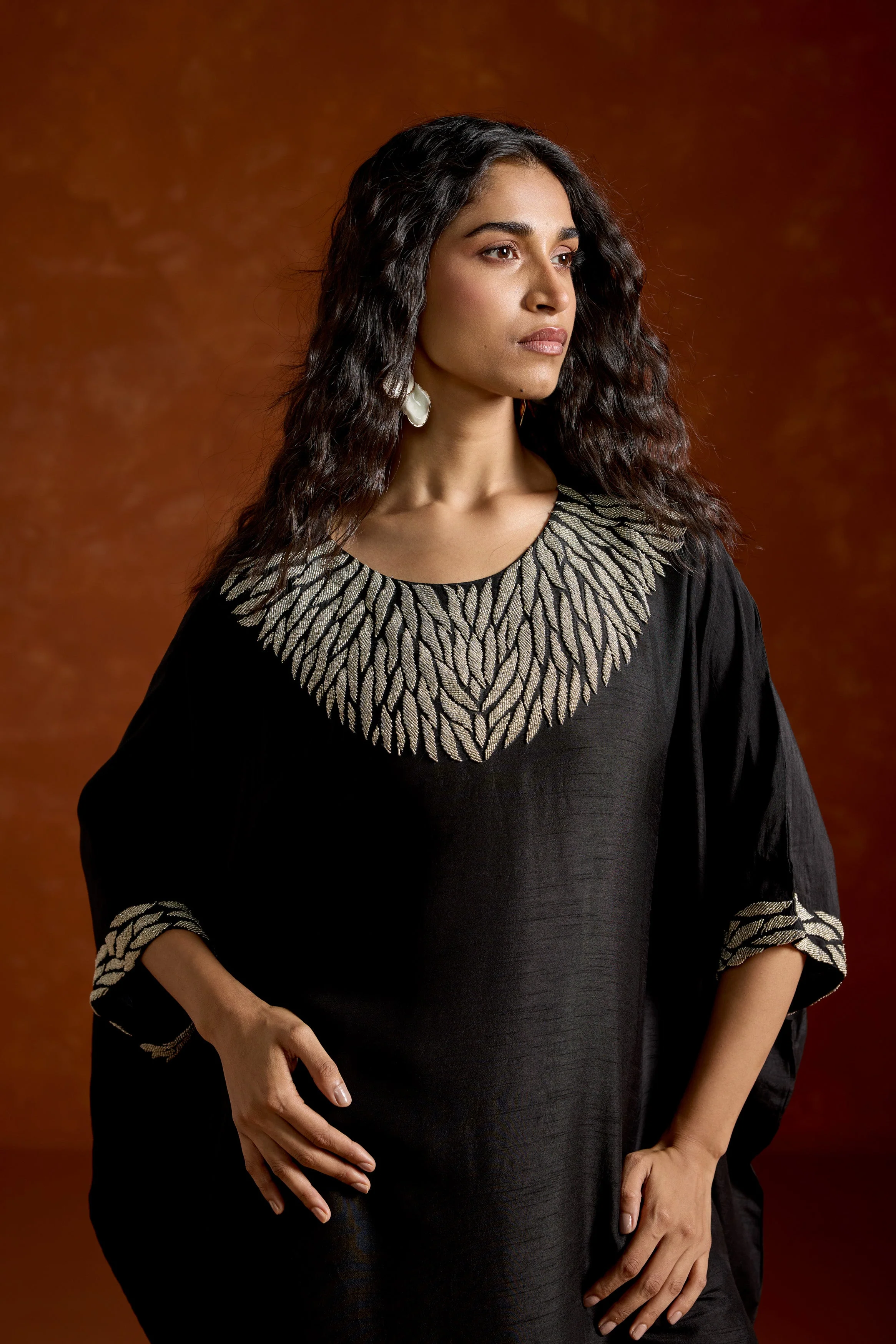Black Embellished Raw Silk Kaftan Set - Image 2