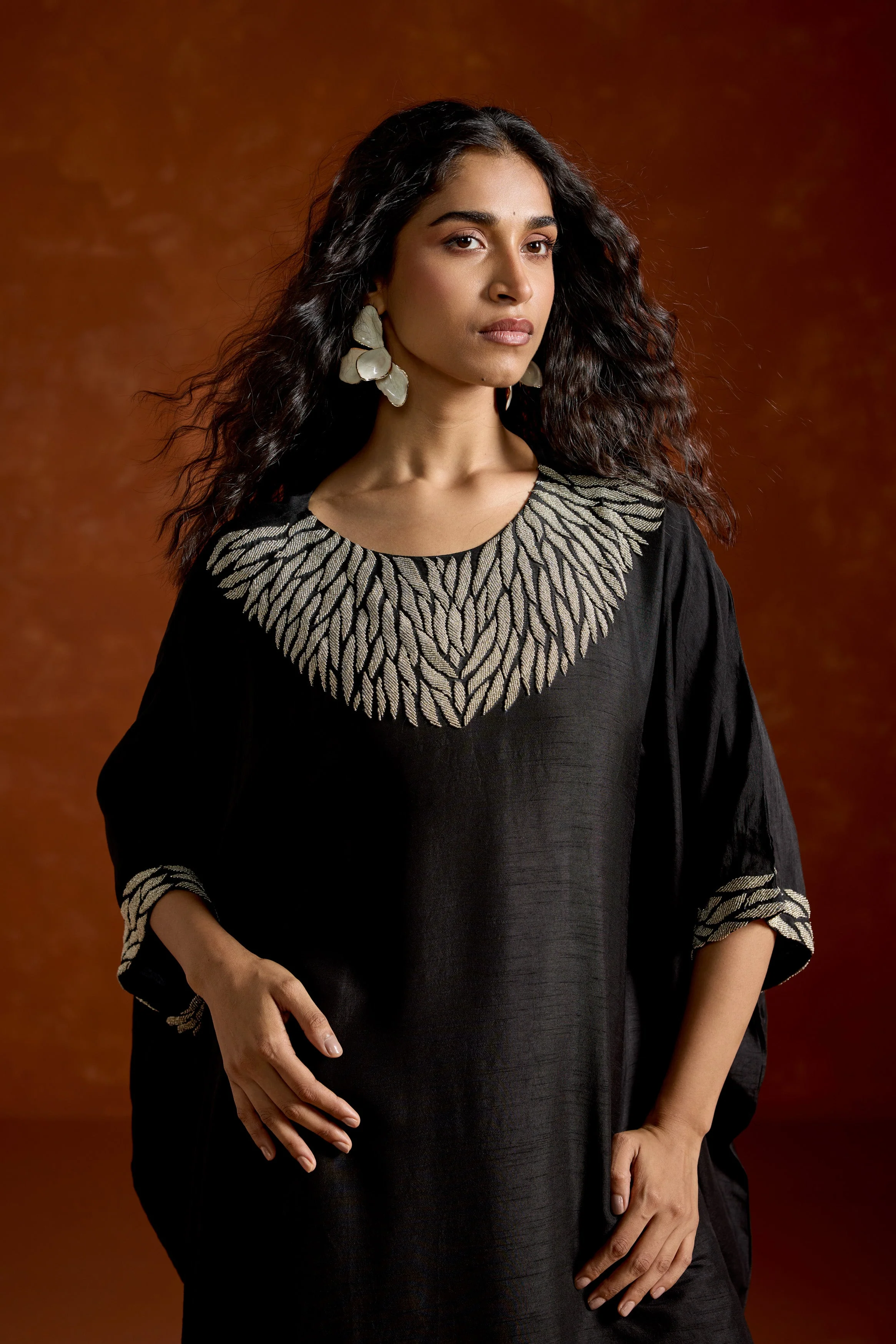 Black Embellished Raw Silk Kaftan Set - Image 3
