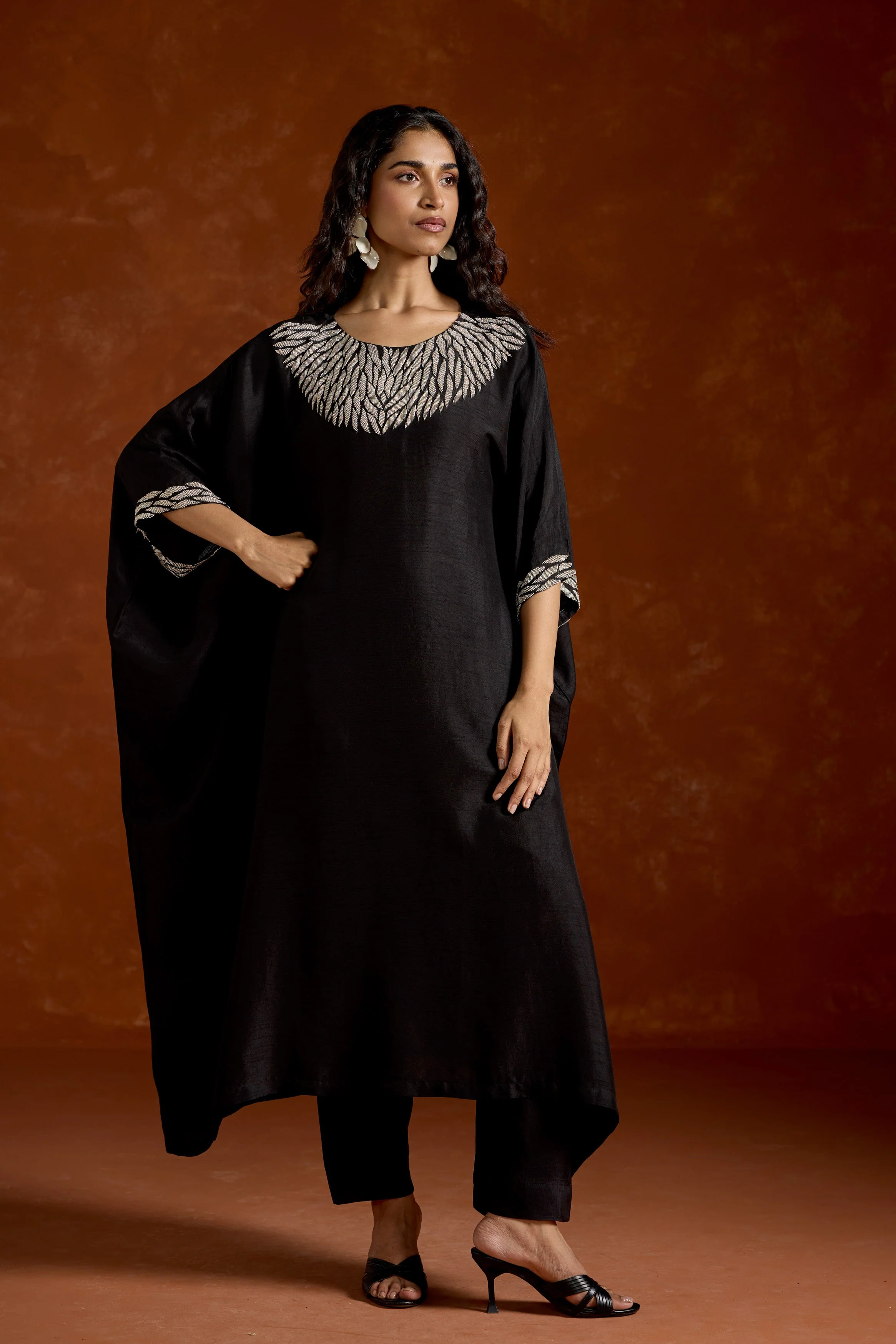 Black Embellished Raw Silk Kaftan Set - Image 4