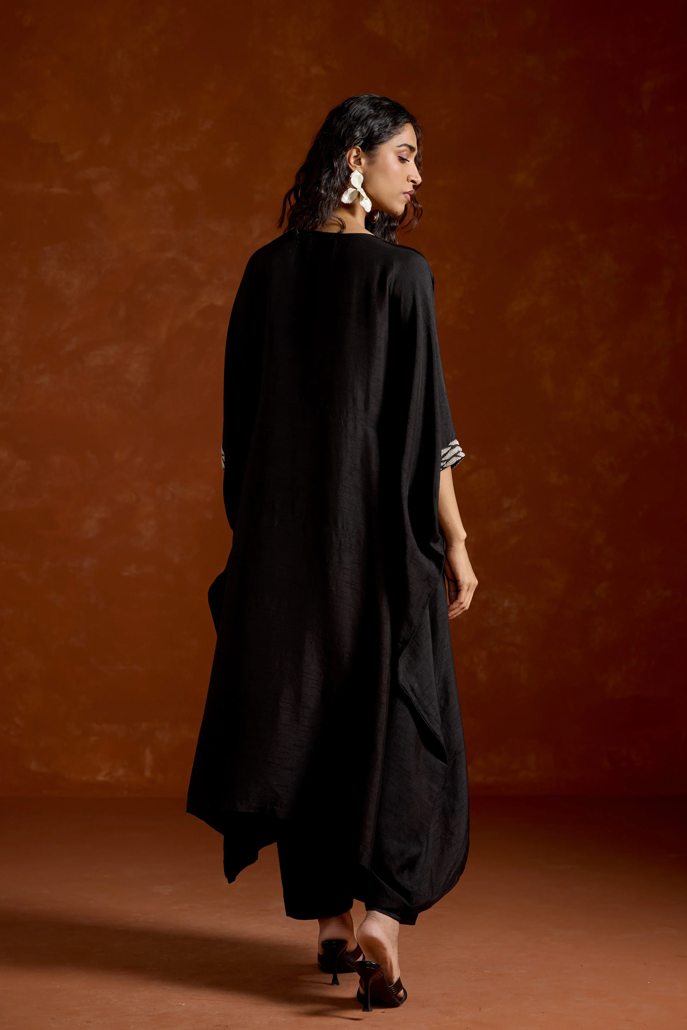Black Embellished Raw Silk Kaftan Set - Image 5