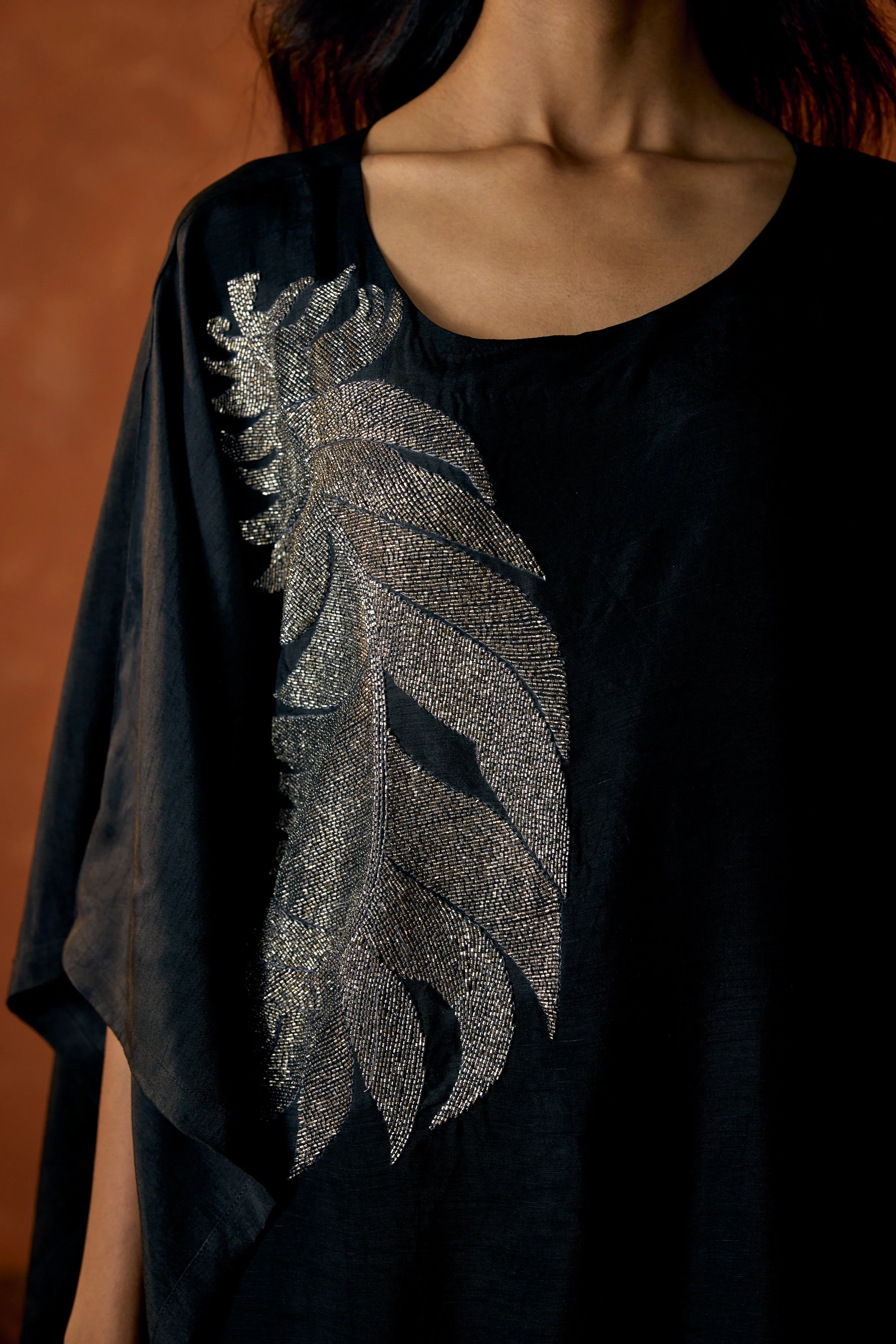 Charcoal Black Embellished Raw Silk Kaftan Set - Image 2
