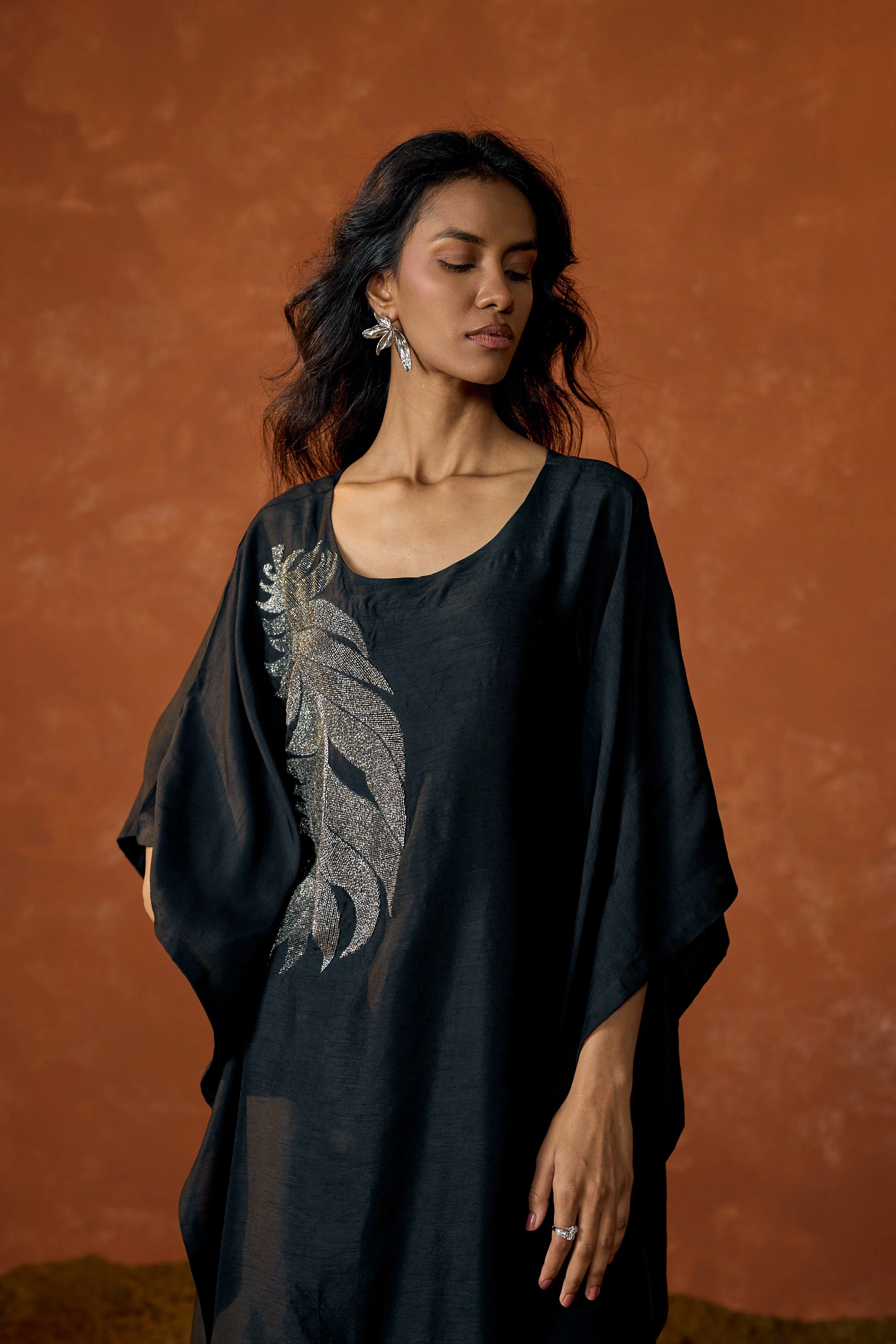 Charcoal Black Embellished Raw Silk Kaftan Set - Image 3