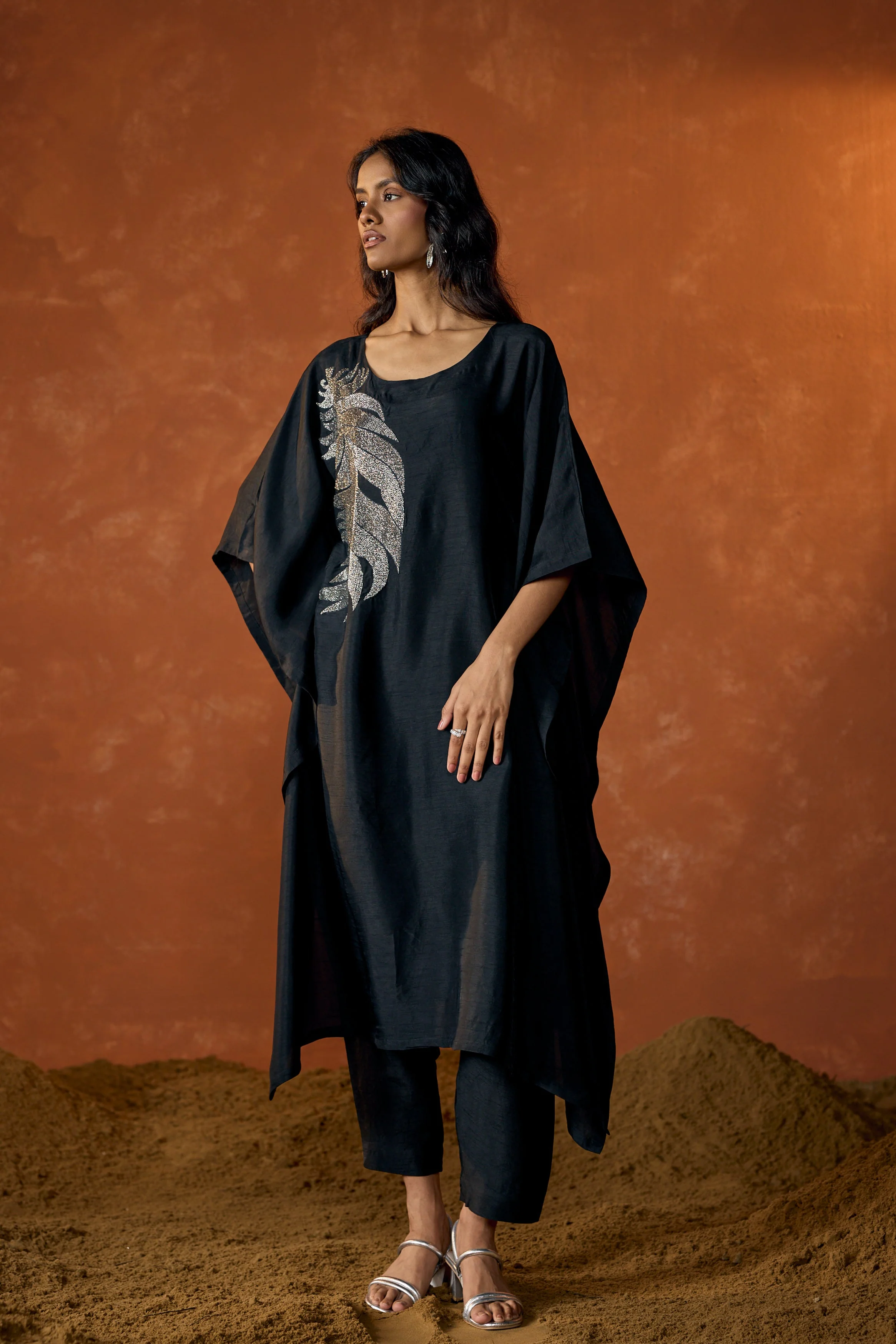 Charcoal Black Embellished Raw Silk Kaftan Set - Image 4