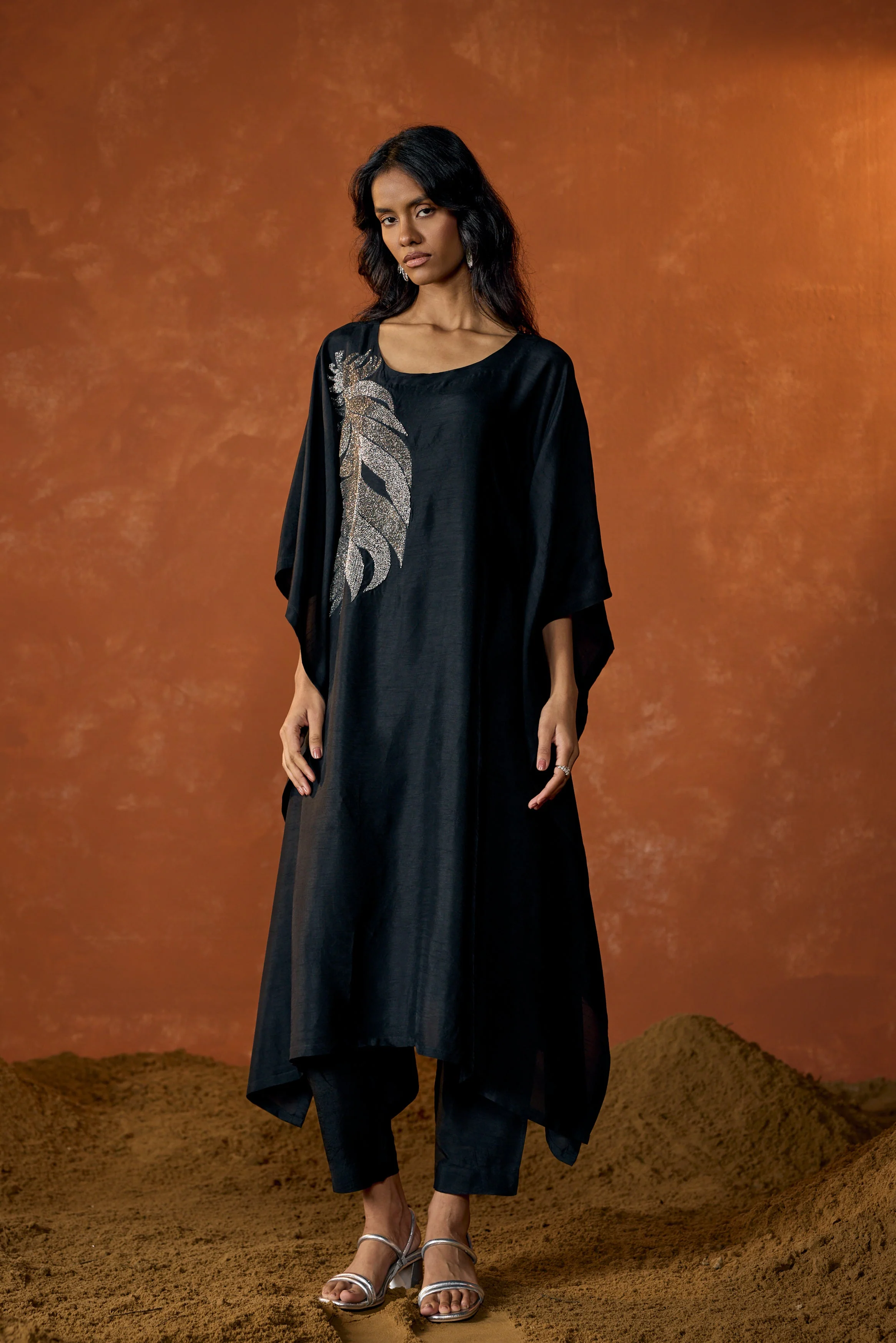 Charcoal Black Embellished Raw Silk Kaftan Set - Image 5