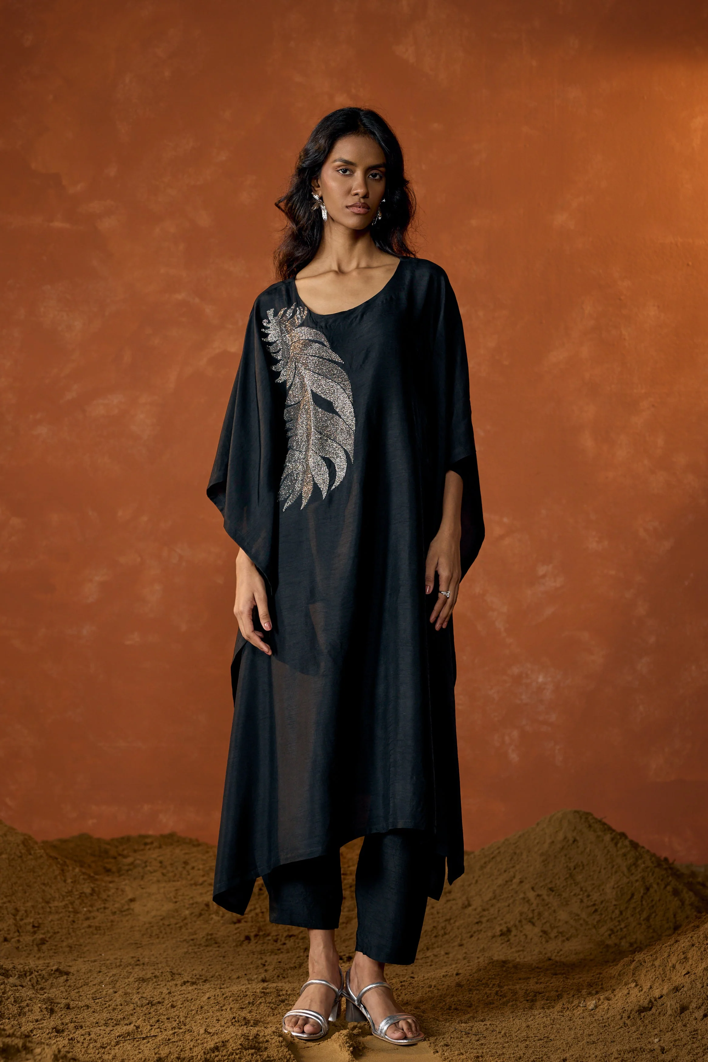 Charcoal Black Embellished Raw Silk Kaftan Set - Image 6