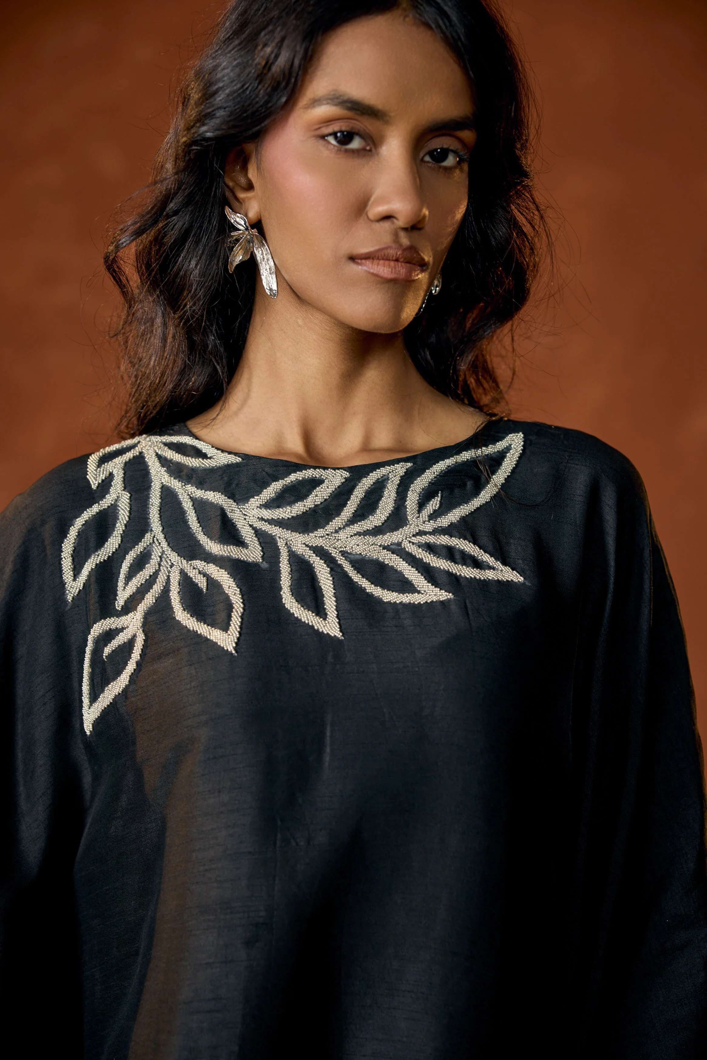 Black Embellished Raw Silk Kaftan Set - Image 2