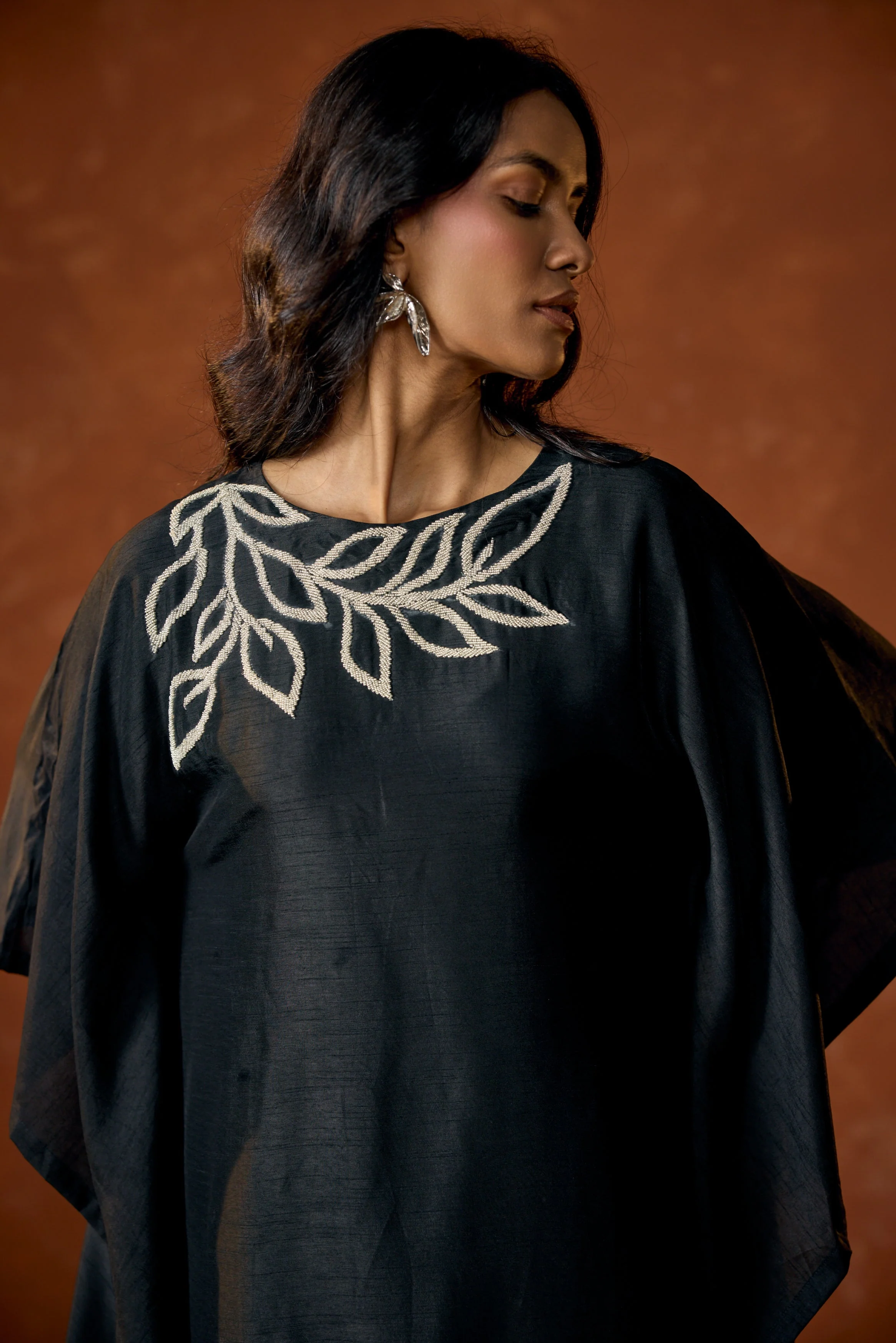 Black Embellished Raw Silk Kaftan Set - Image 3