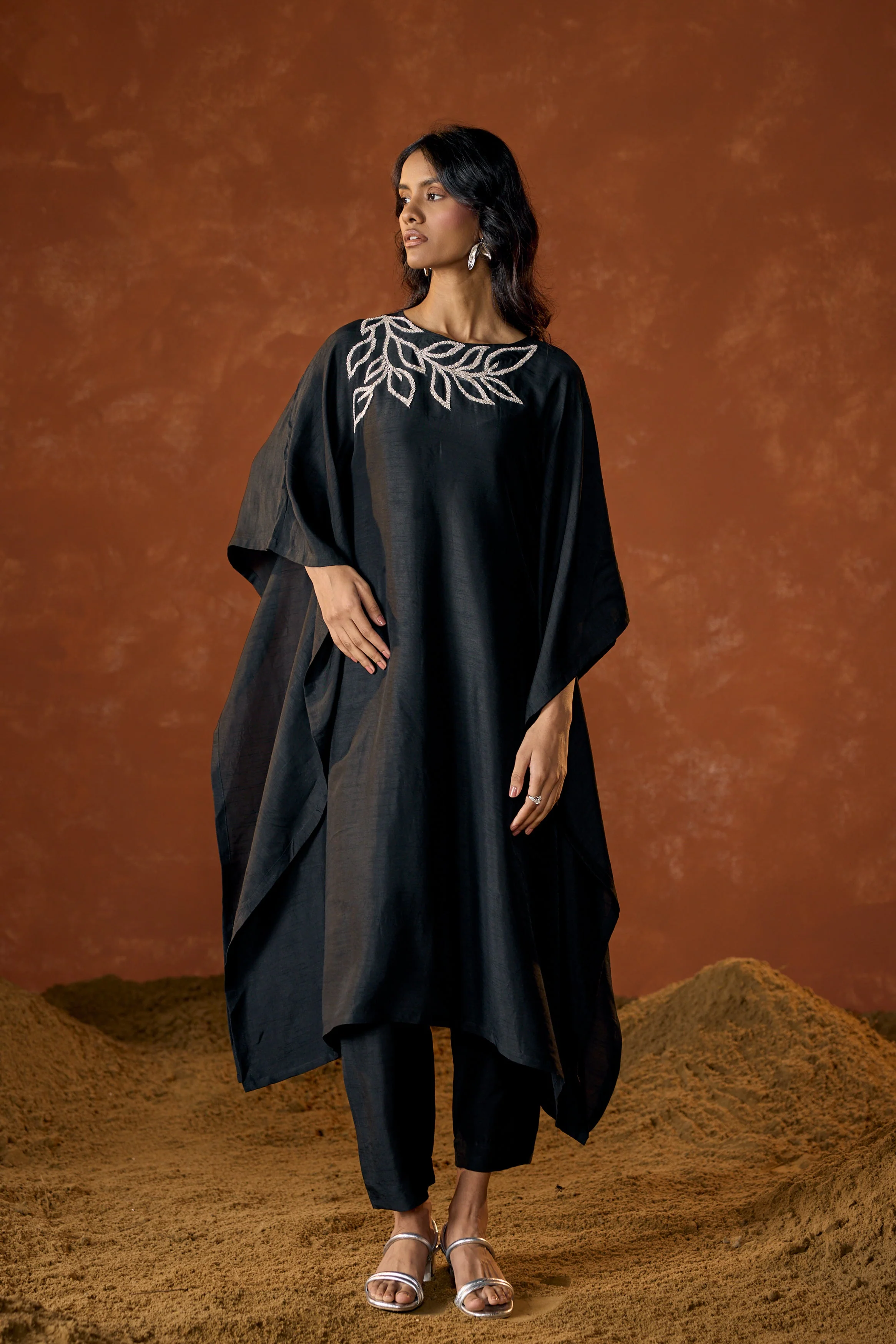 Black Embellished Raw Silk Kaftan Set - Image 4