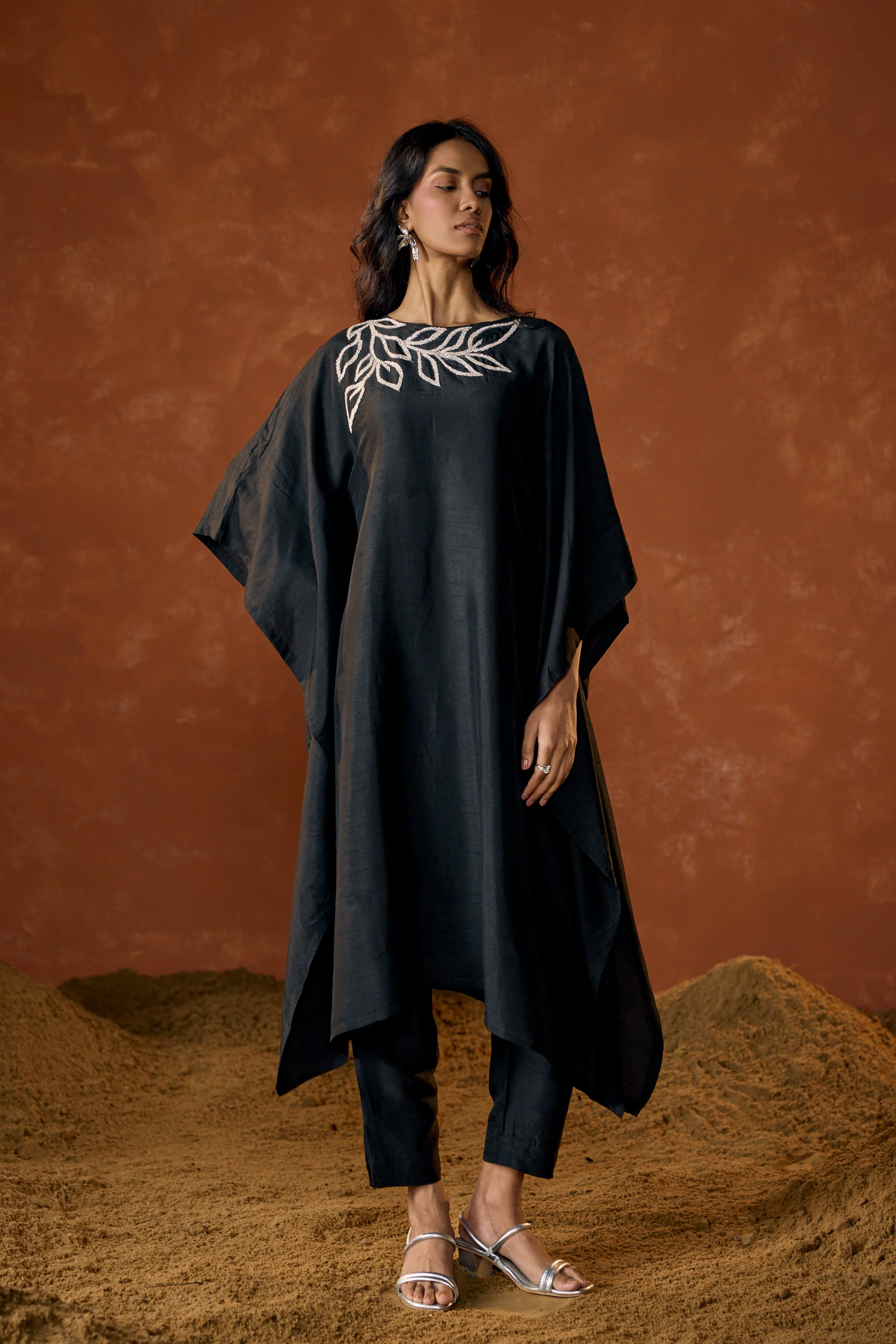 Black Embellished Raw Silk Kaftan Set - Image 5