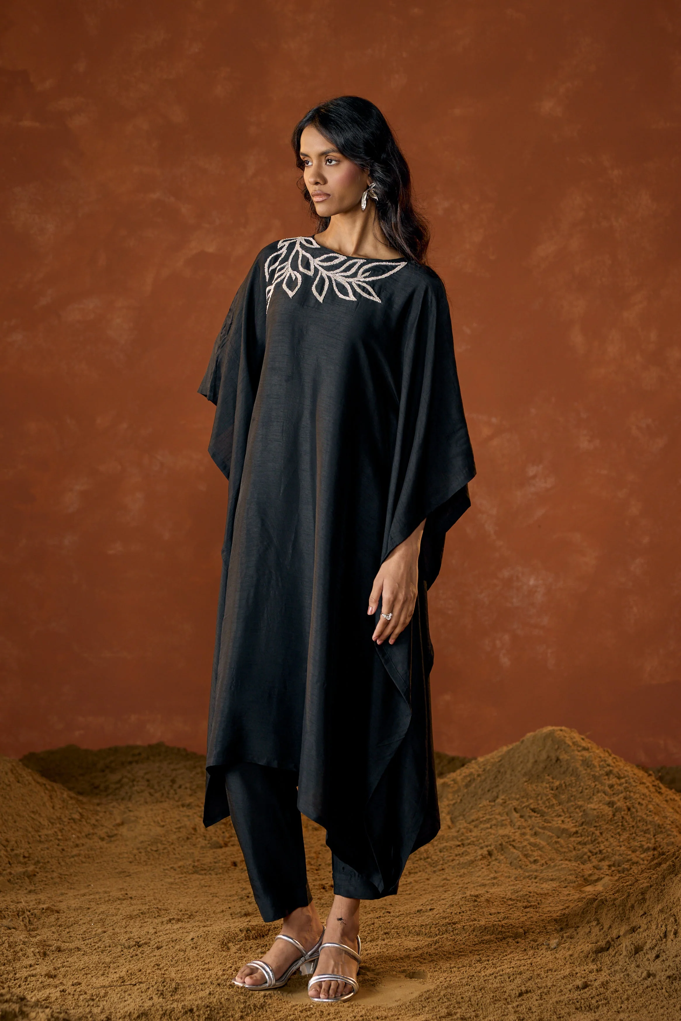 Black Embellished Raw Silk Kaftan Set - Image 6
