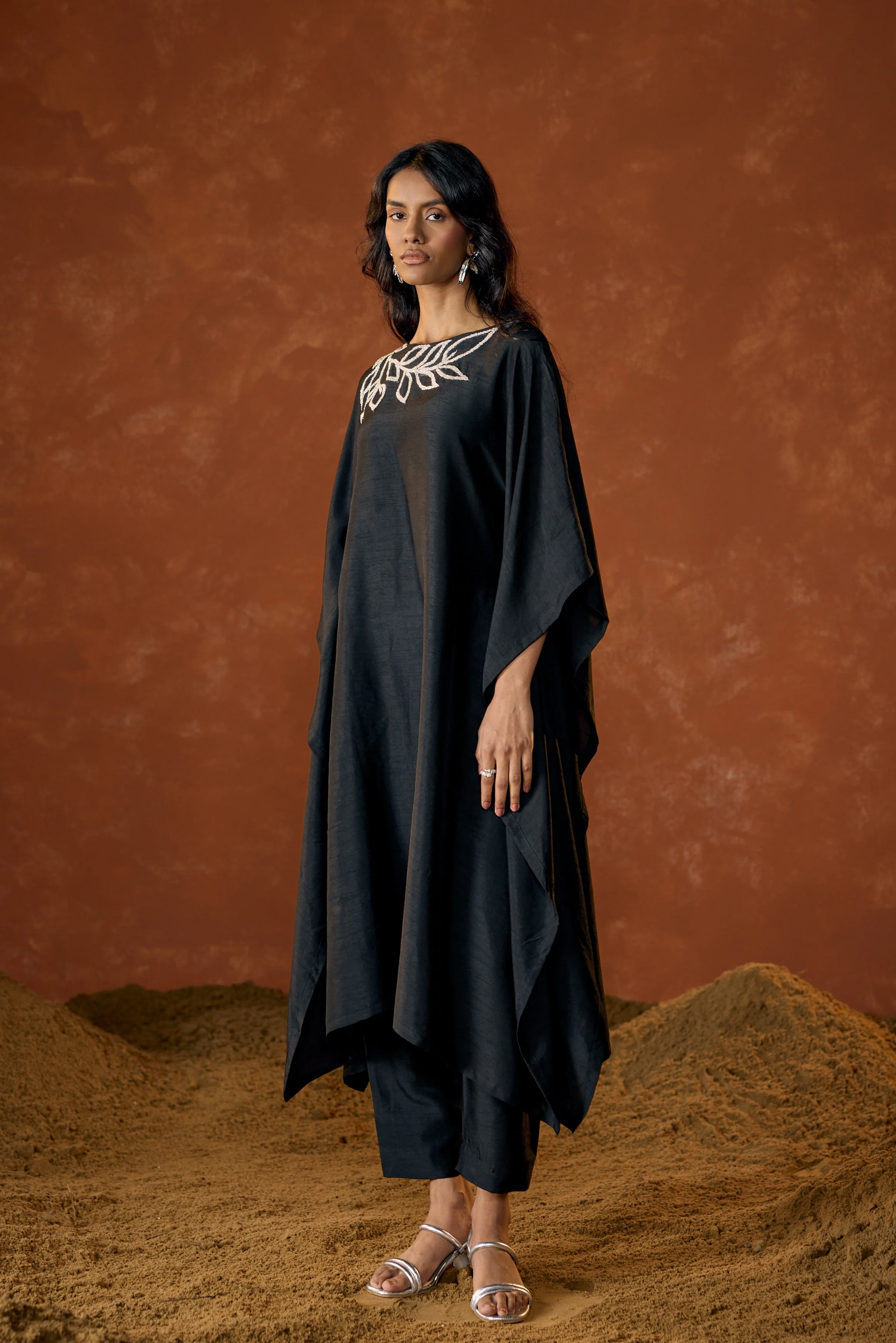 Black Embellished Raw Silk Kaftan Set - Image 7