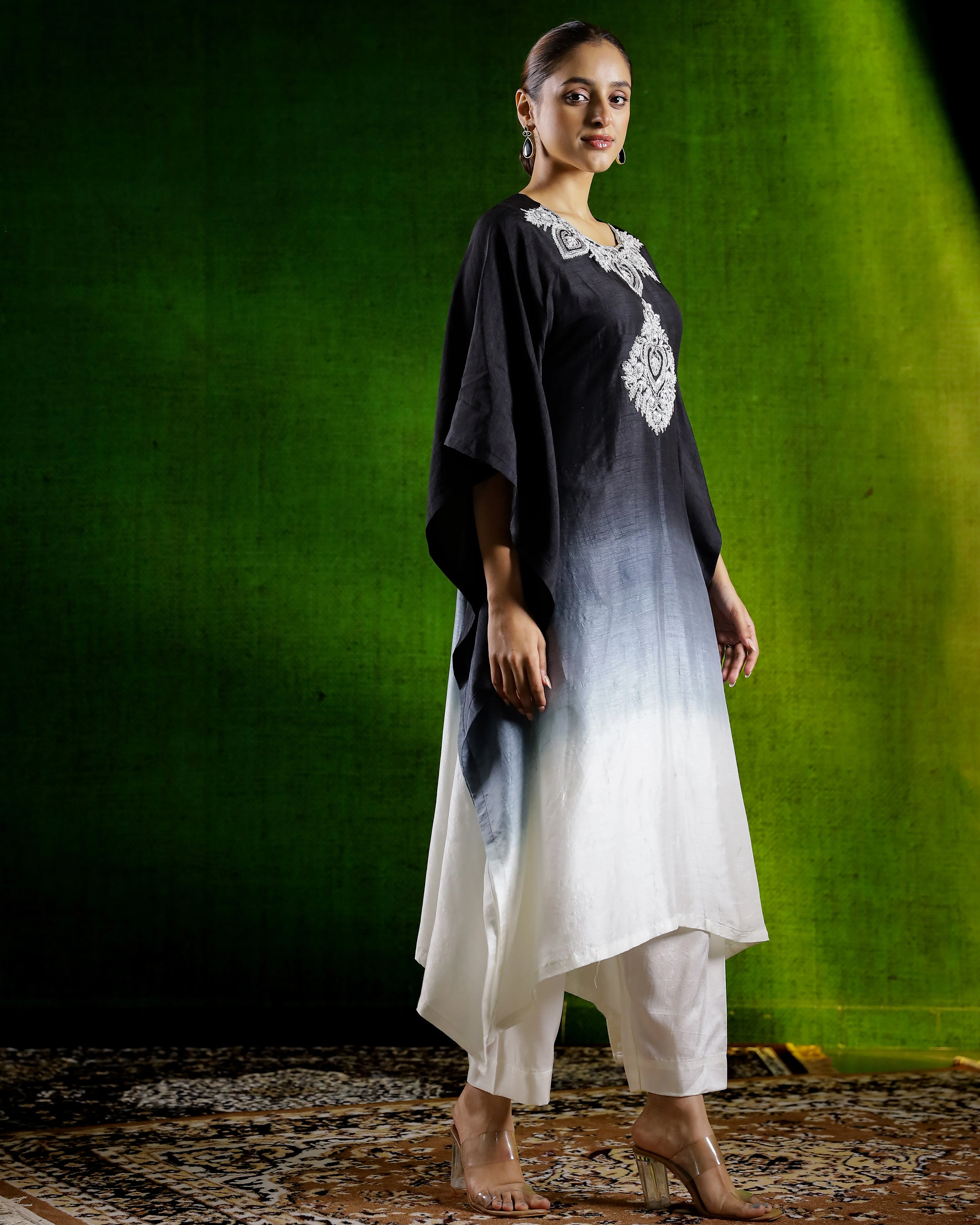Black Embellished Raw Silk Kaftan Set - Image 3