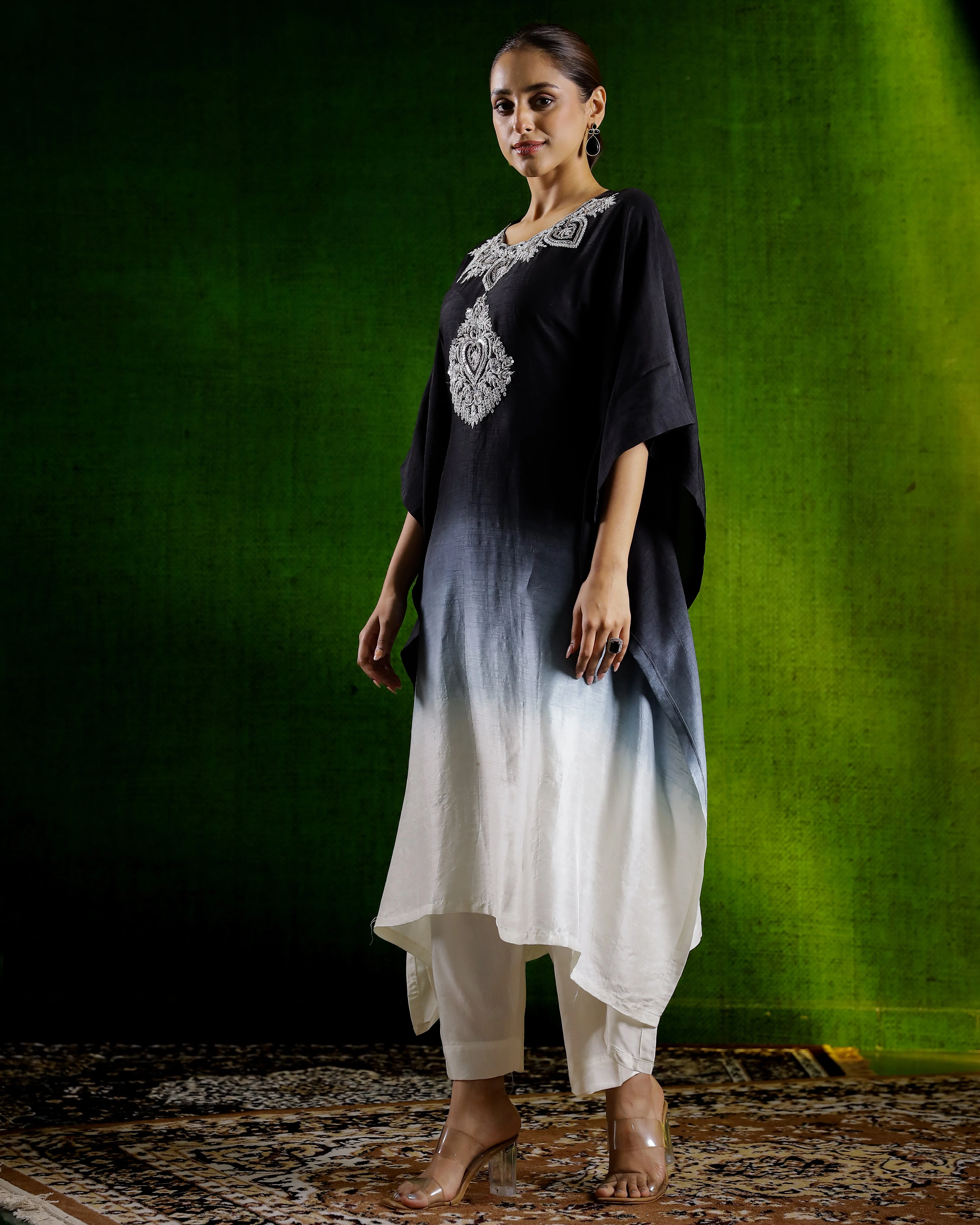 Black Embellished Raw Silk Kaftan Set - Image 4