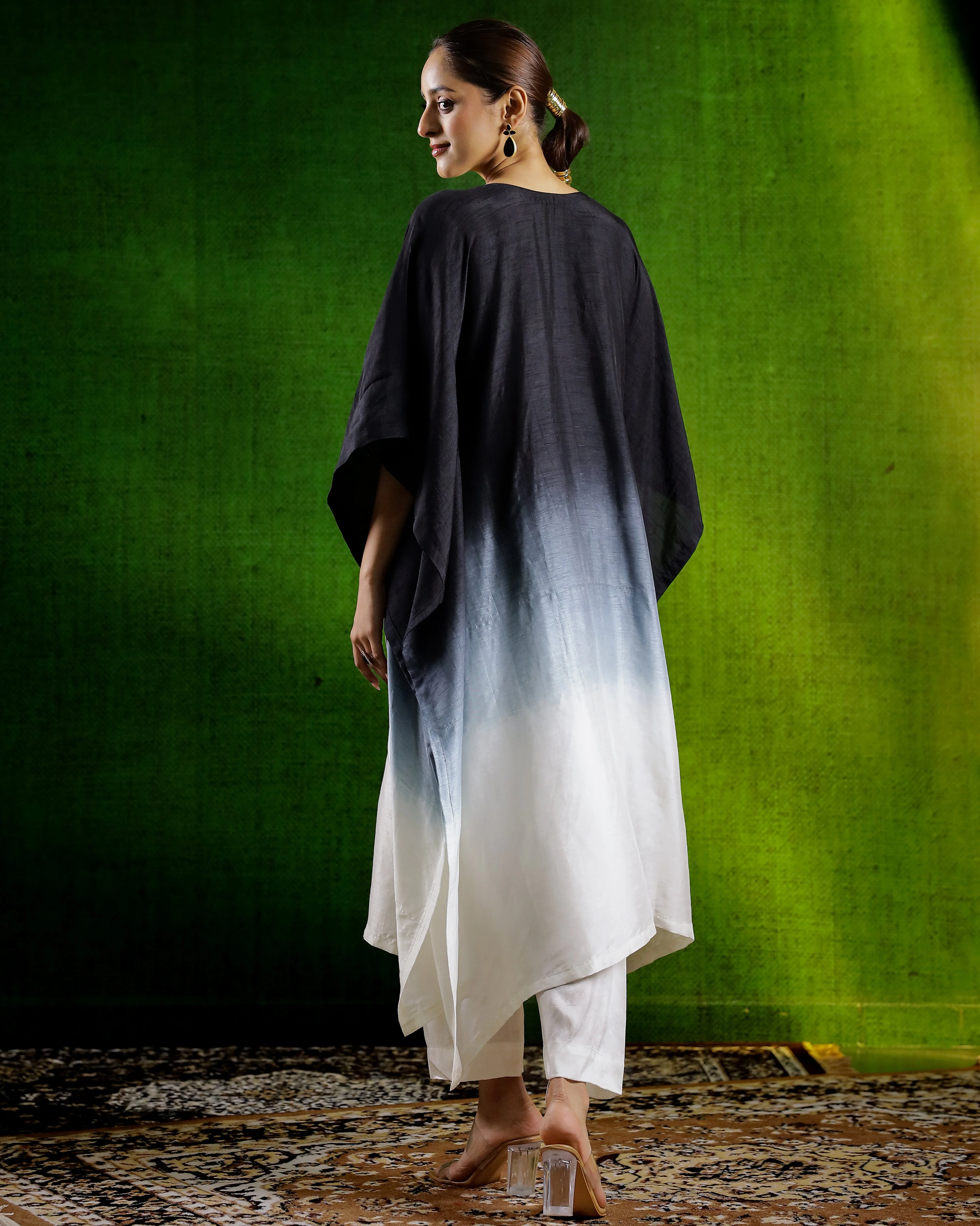 Black Embellished Raw Silk Kaftan Set - Image 5