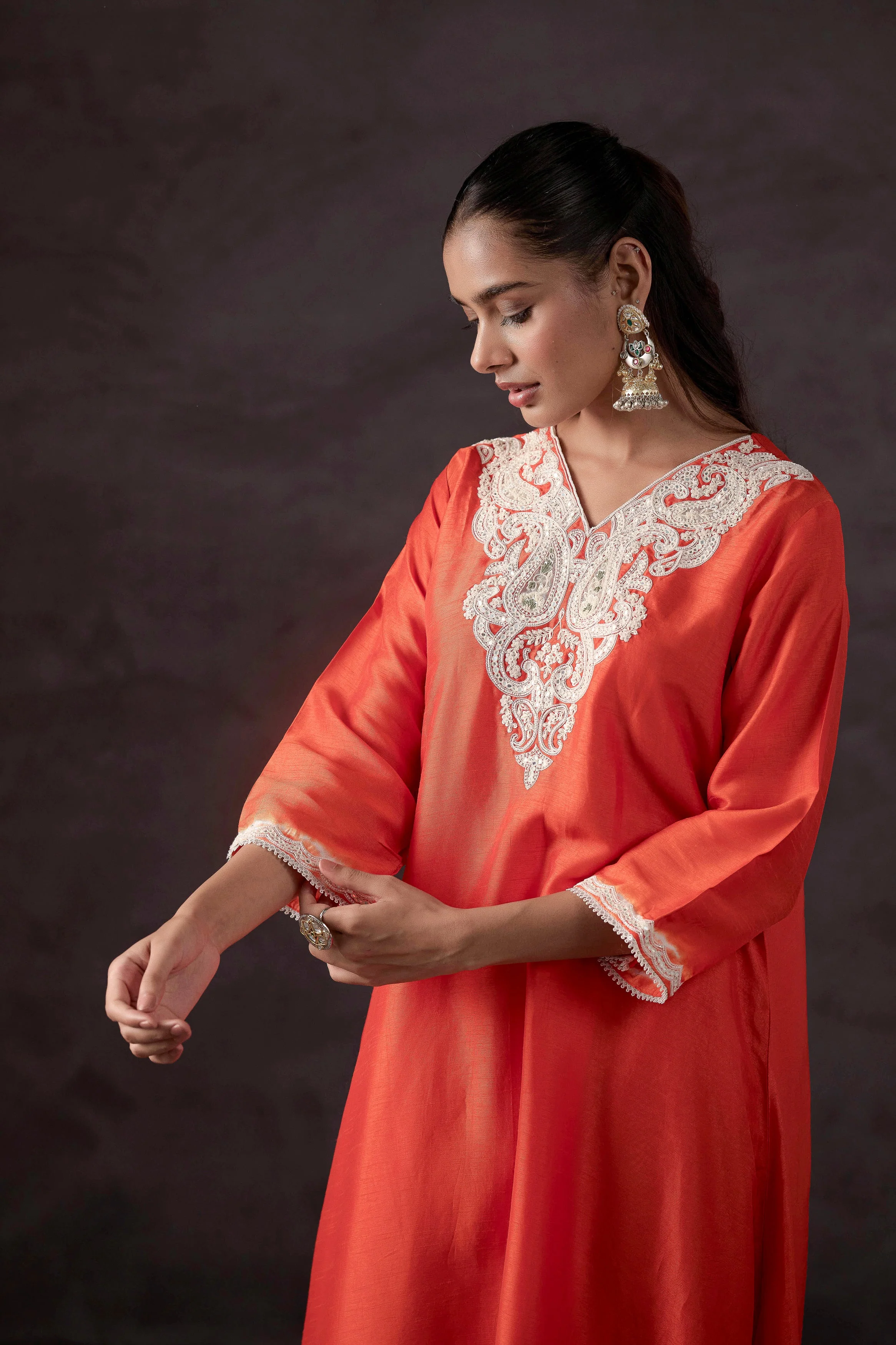 Orange Peel Embellished Raw Silk Kurta Set - Image 3