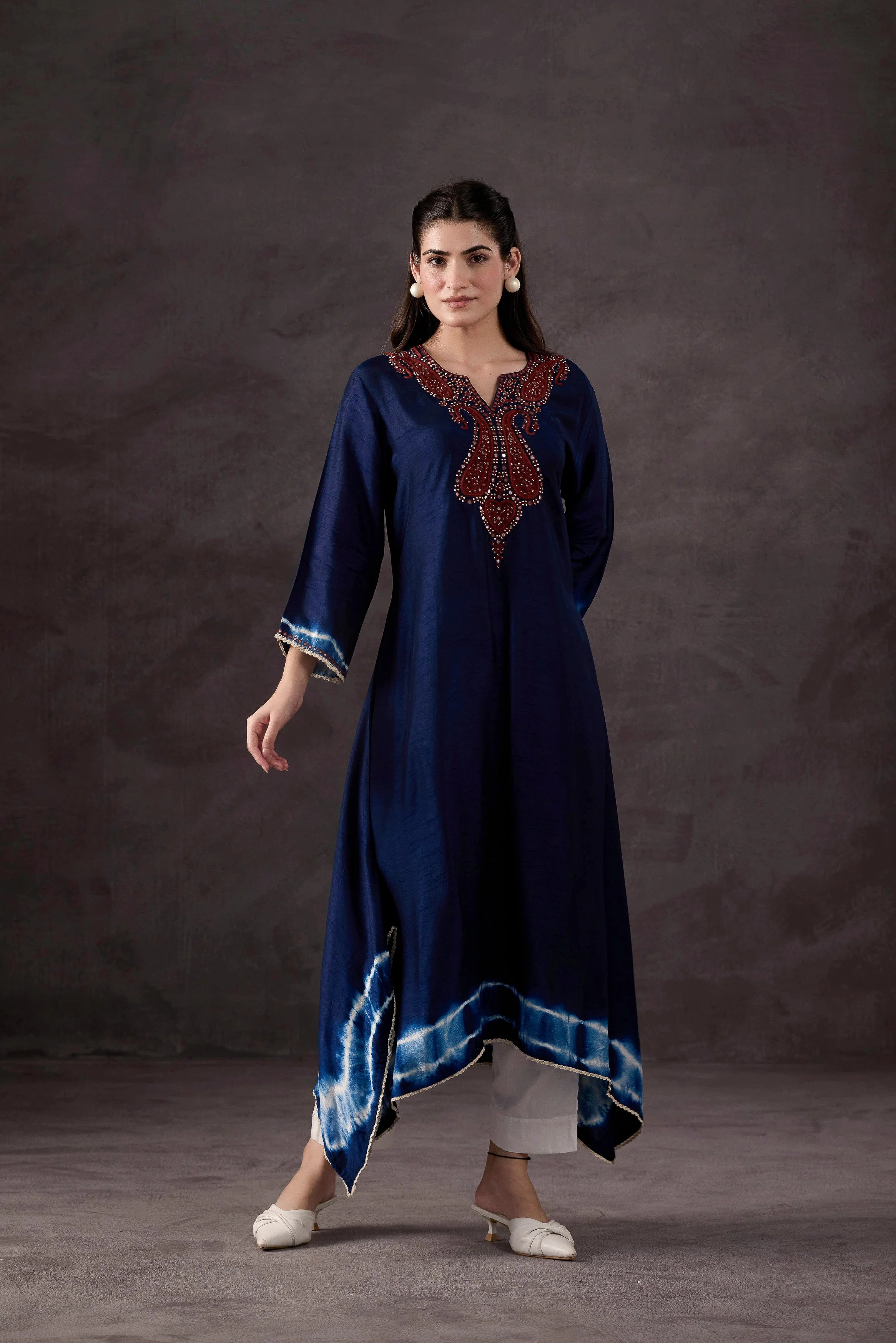 Teal Blue Embellished Raw Silk Kurta Set - Image 5