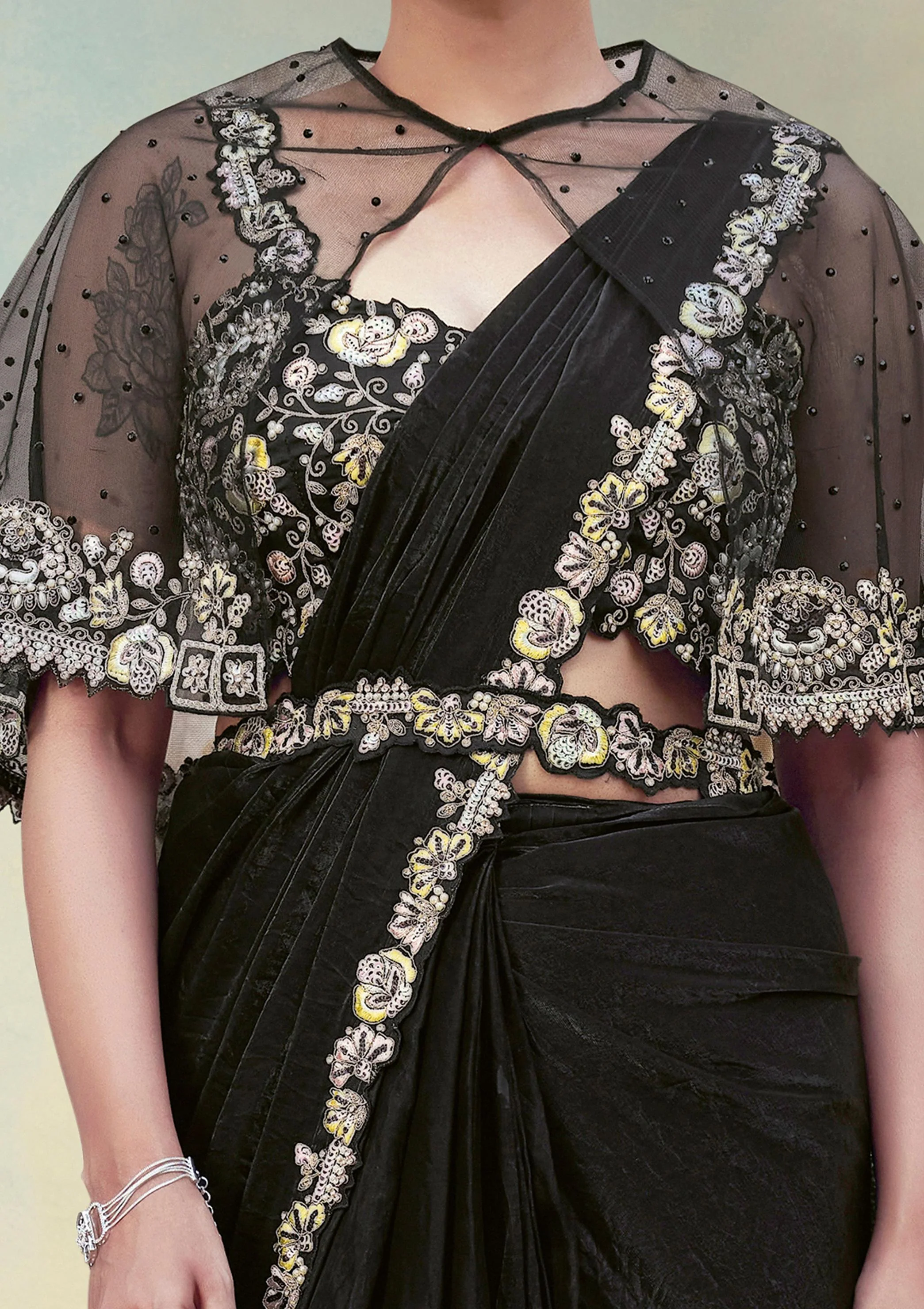 Jet Black Embellished Satin Silk Draped Saree - Image 2