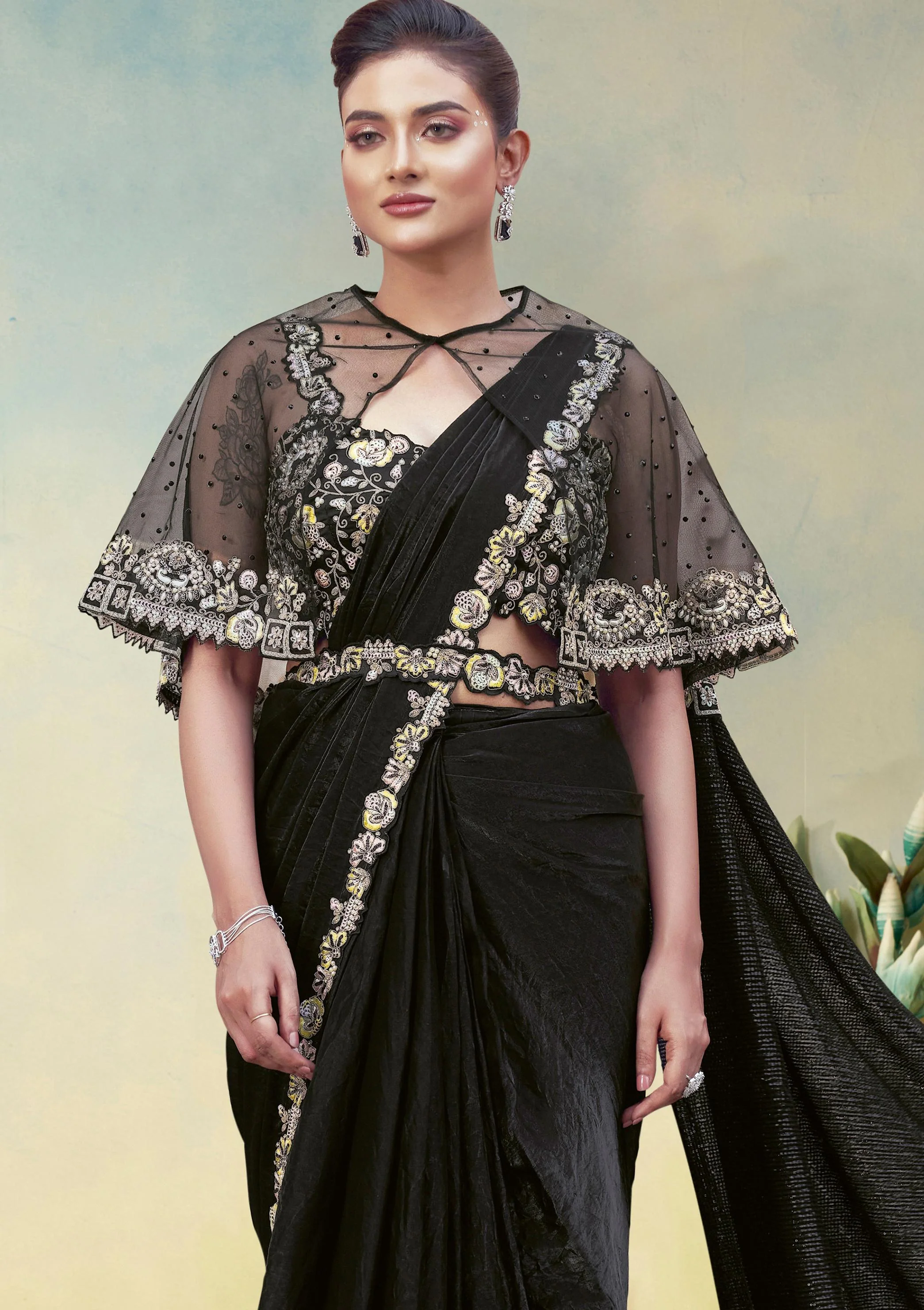 Jet Black Embellished Satin Silk Draped Saree - Image 3