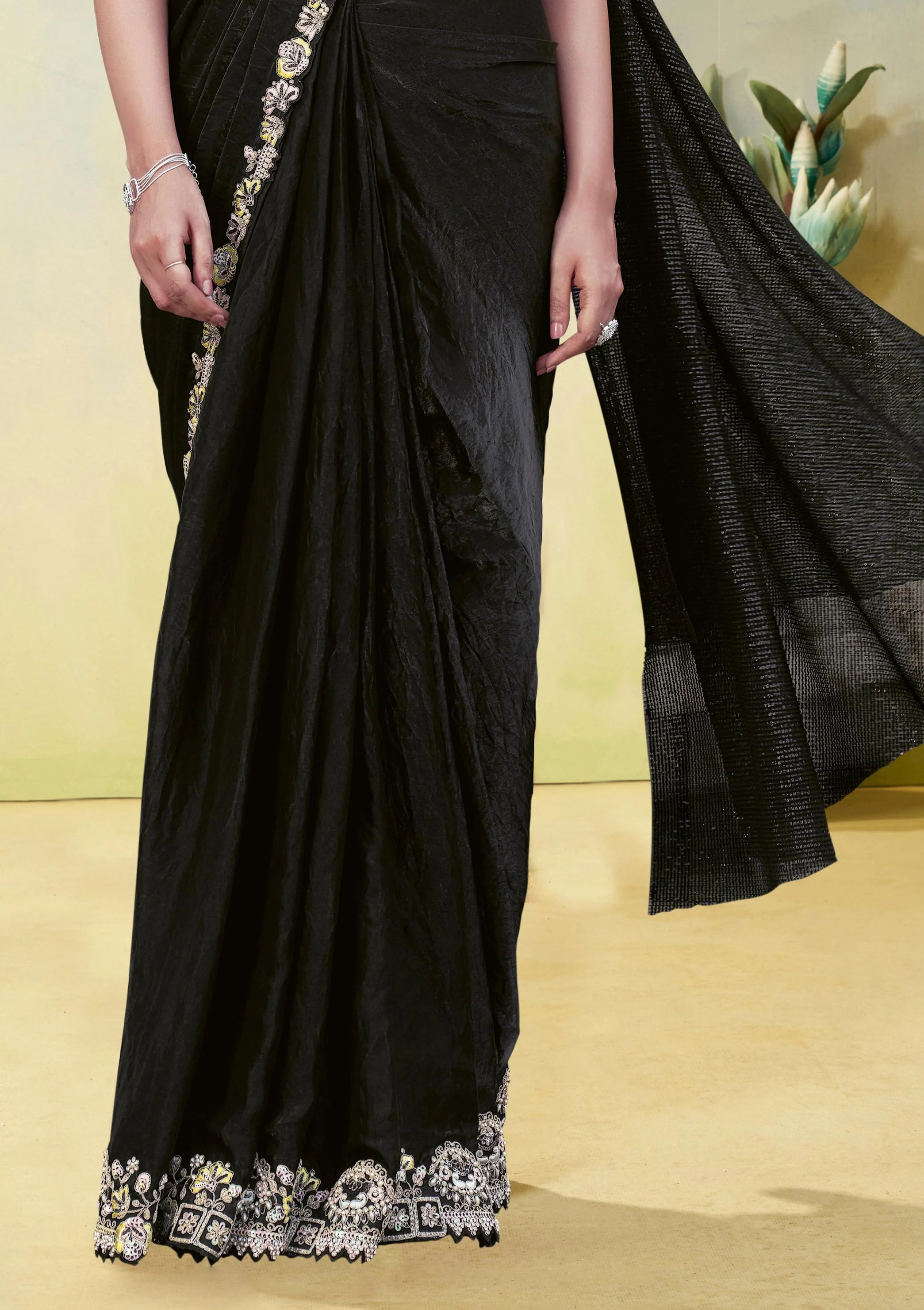 Jet Black Embellished Satin Silk Draped Saree - Image 4
