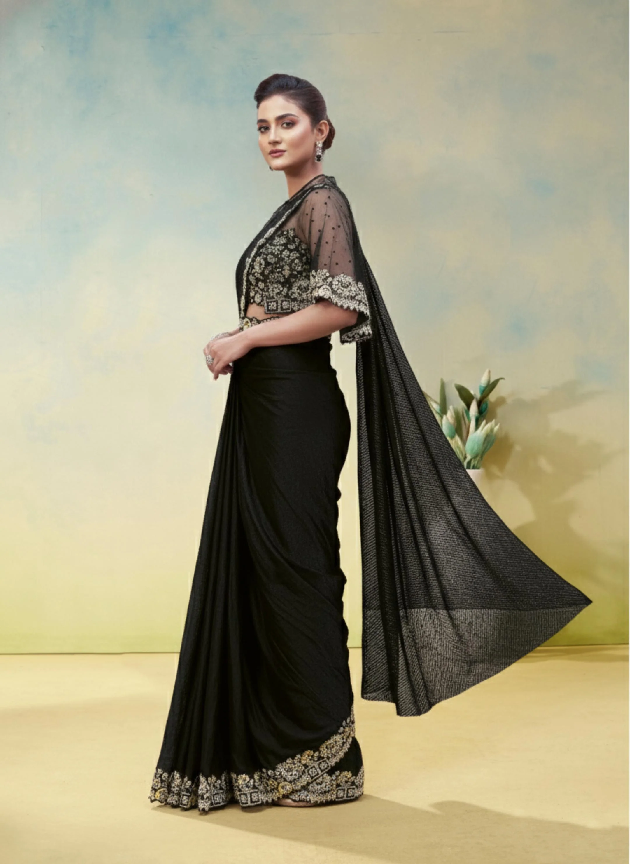 Jet Black Embellished Satin Silk Draped Saree - Image 5