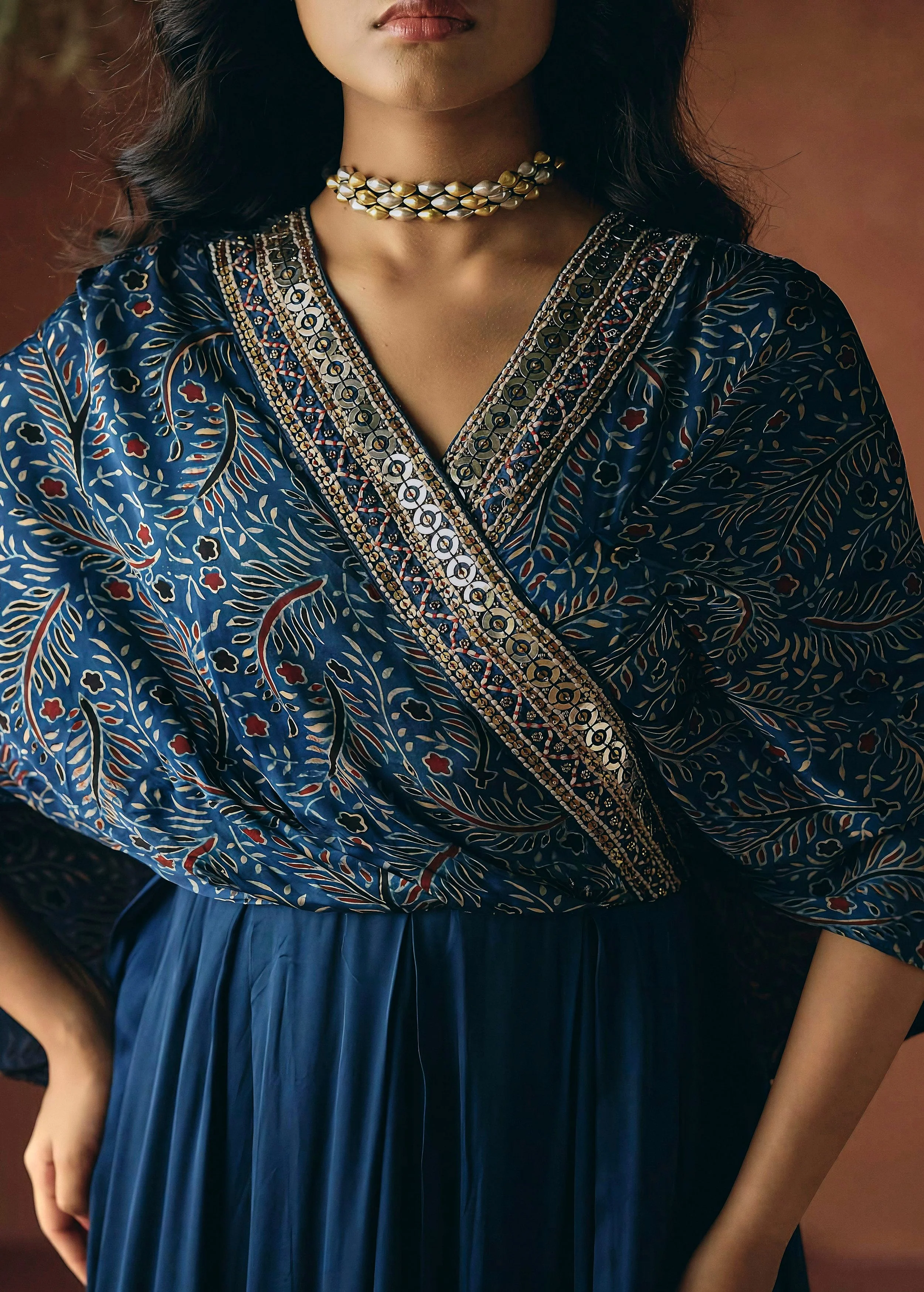 Ocean Blue Embellished Satin Silk Gown - Image 2