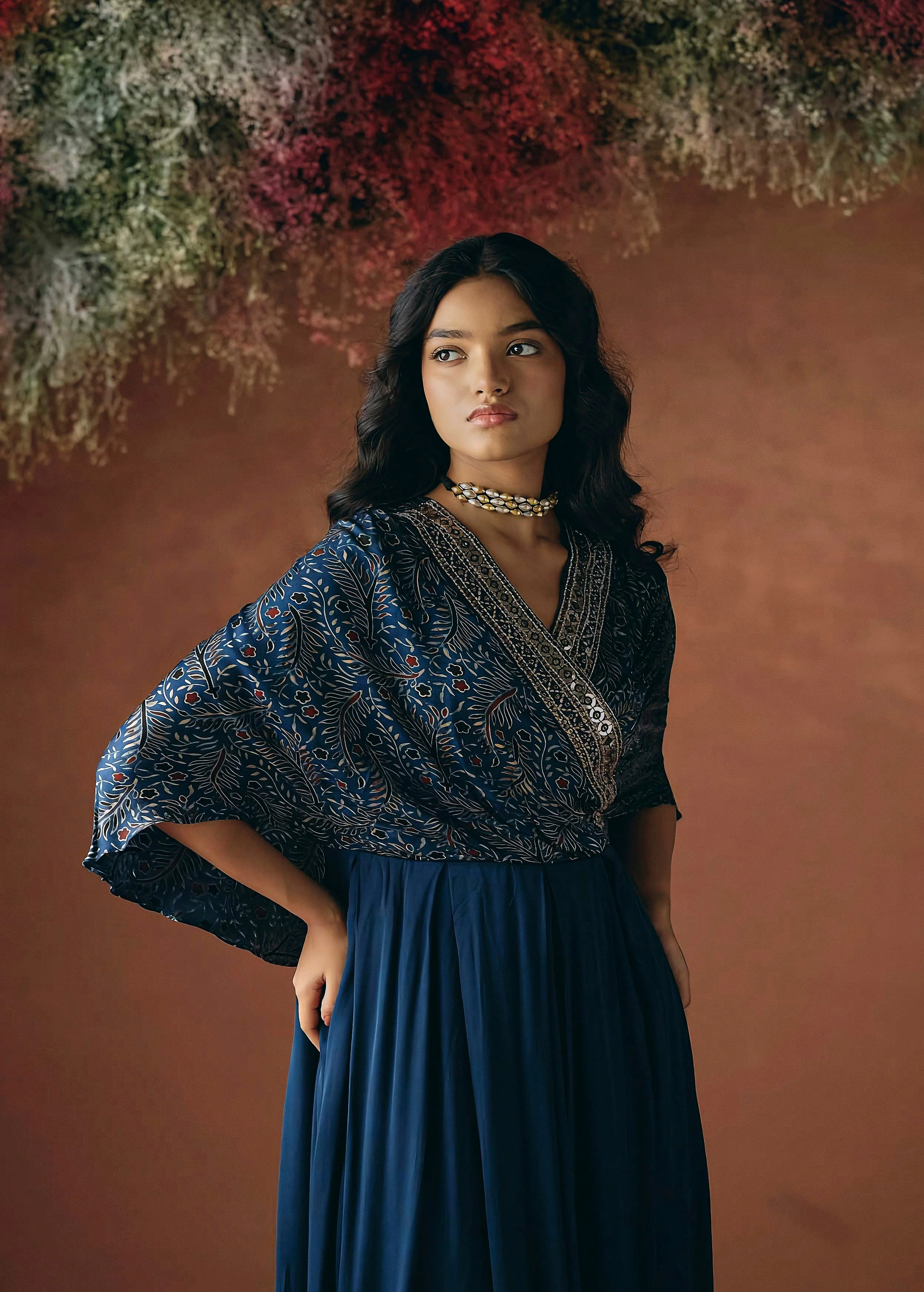 Ocean Blue Embellished Satin Silk Gown - Image 3