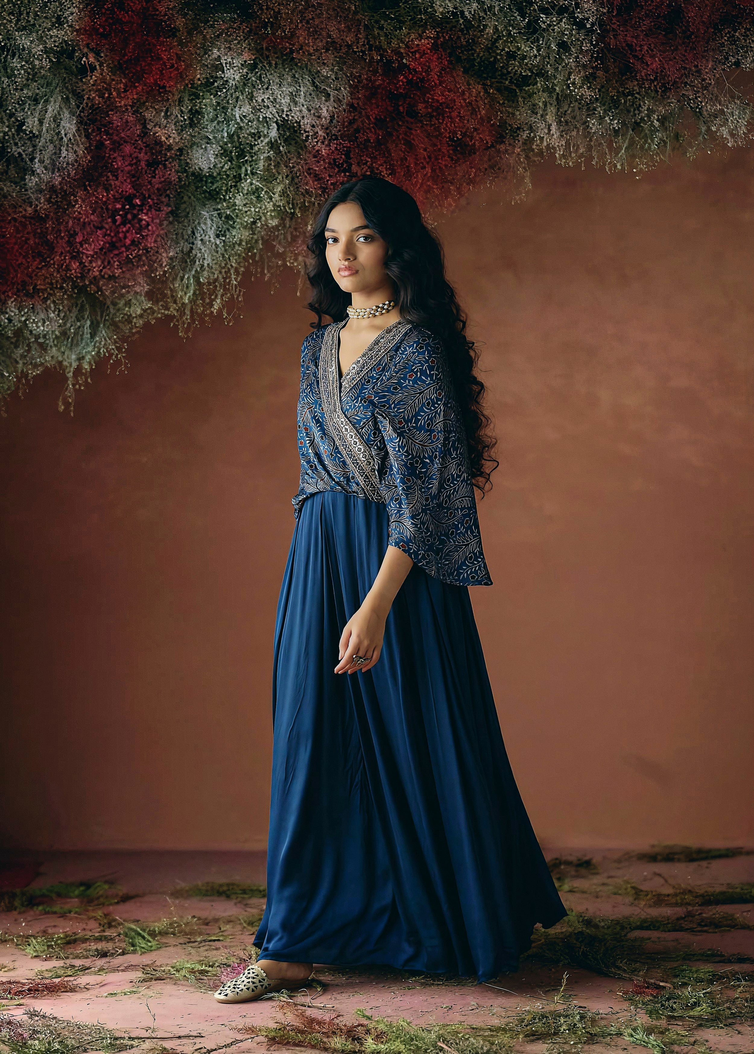 Ocean Blue Embellished Satin Silk Gown - Image 5