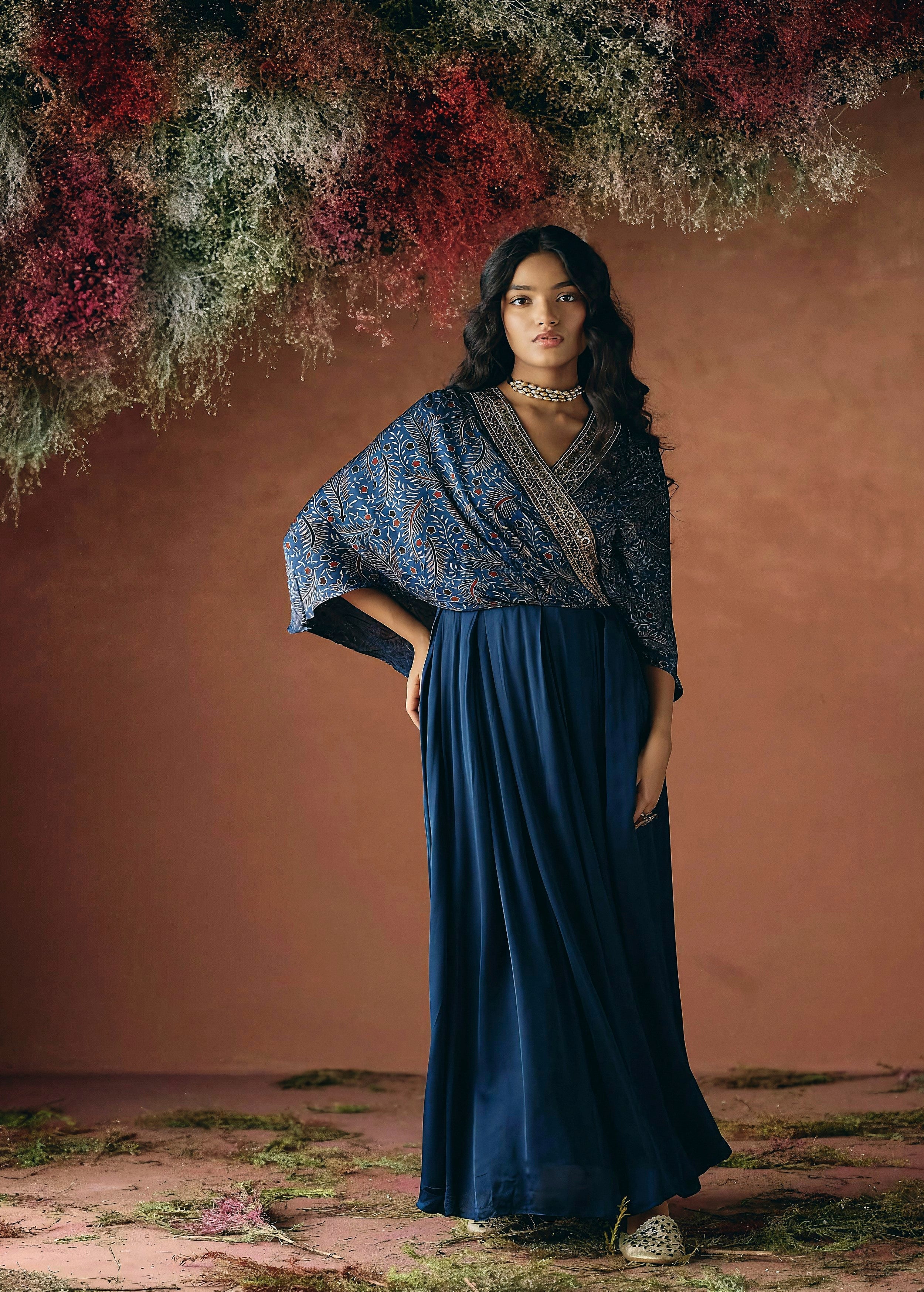 Ocean Blue Embellished Satin Silk Gown - Image 6