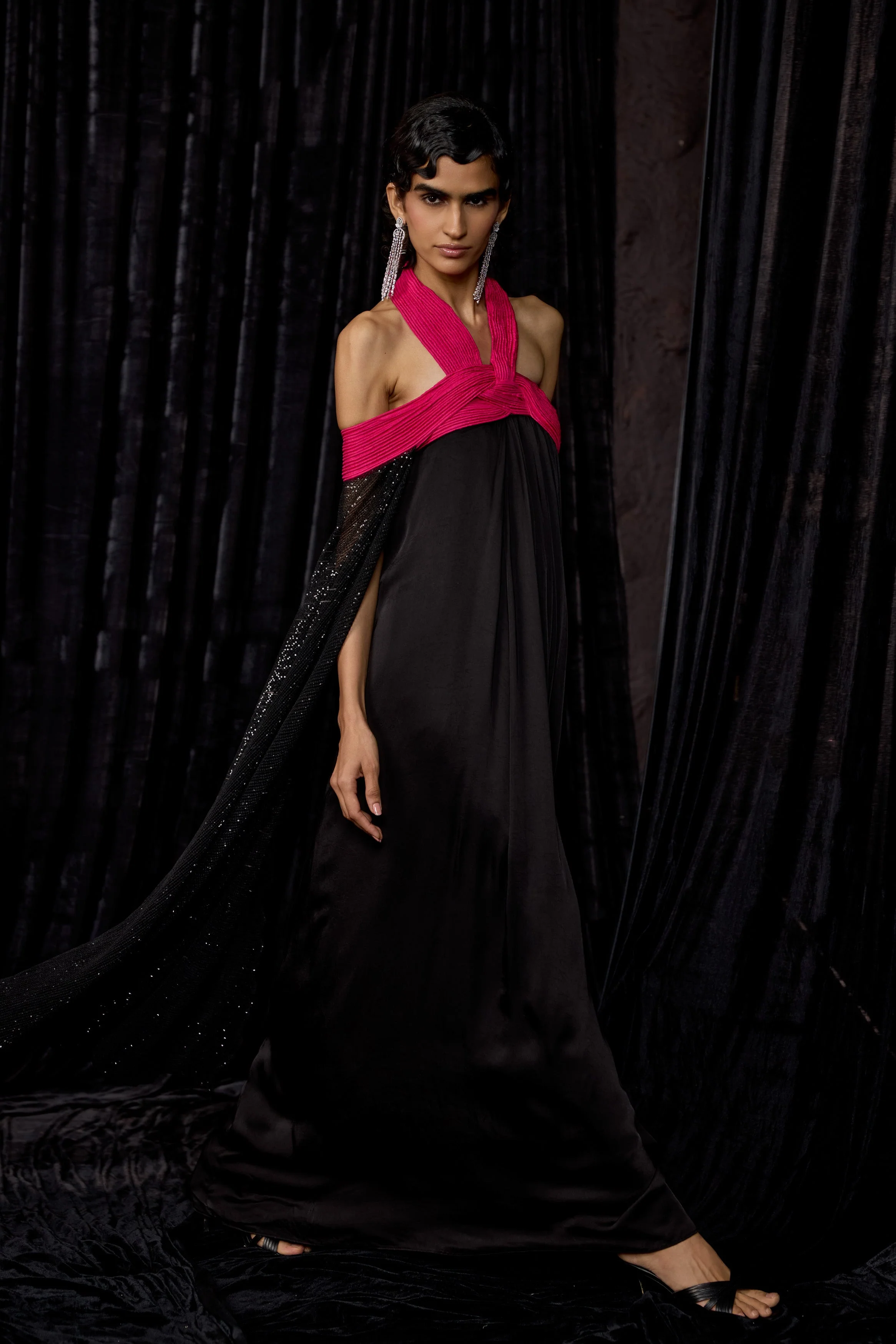 Classic Black Embellished Satin Silk Gown Set - Image 7