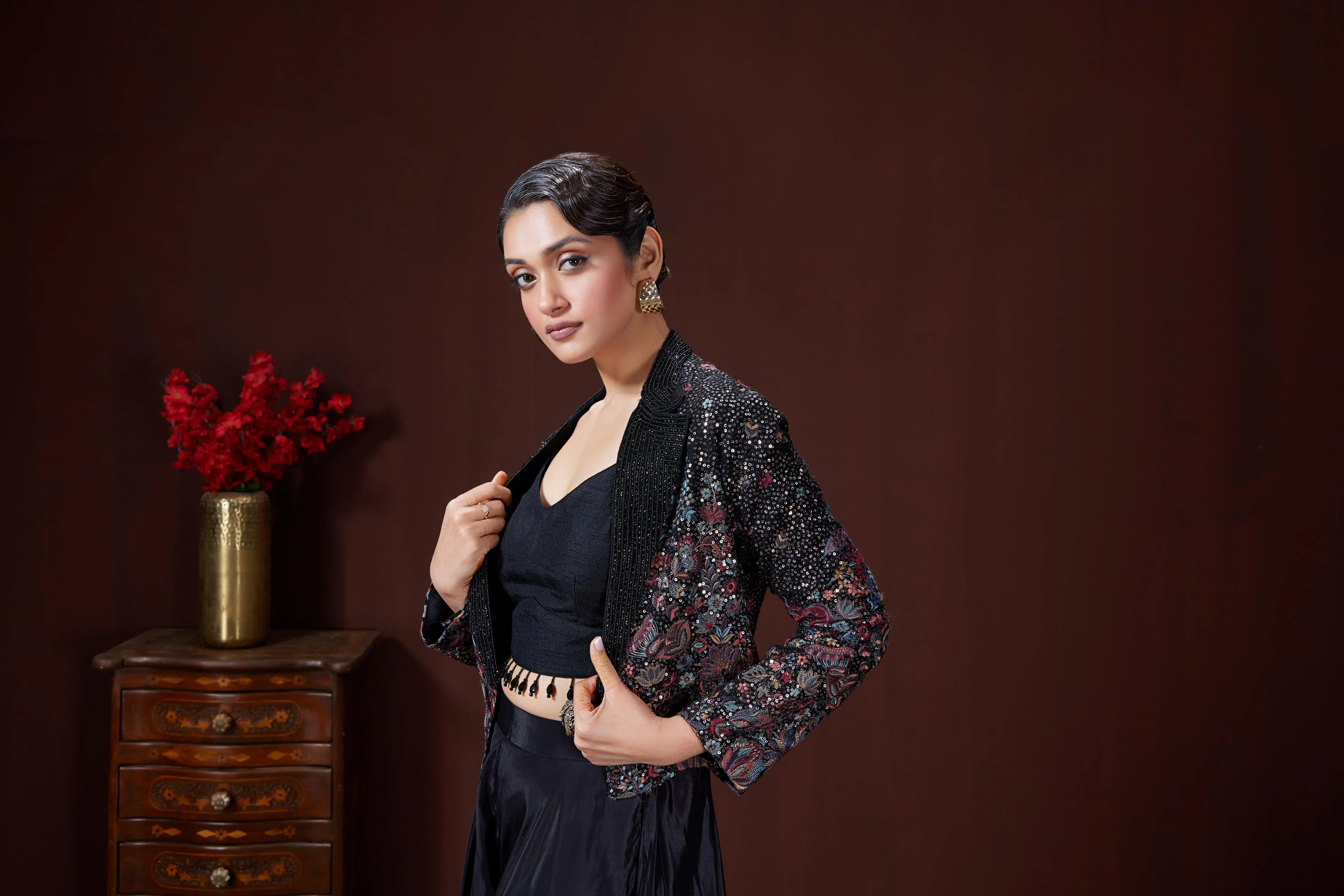 Coal Black Embellished Satin Silk Jacket Set - Image 2
