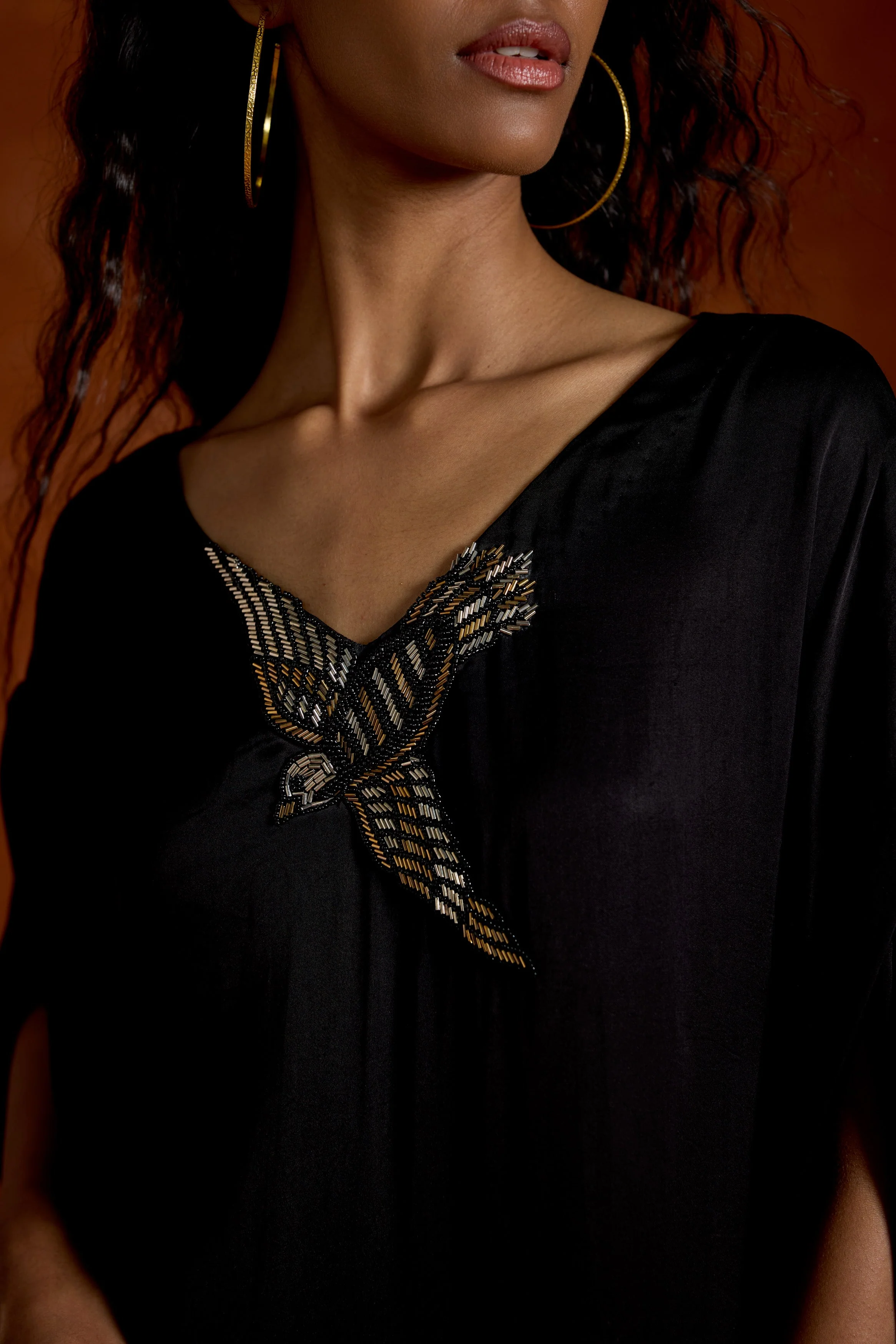 Black Embellished Satin Silk Kaftan Set - Image 2