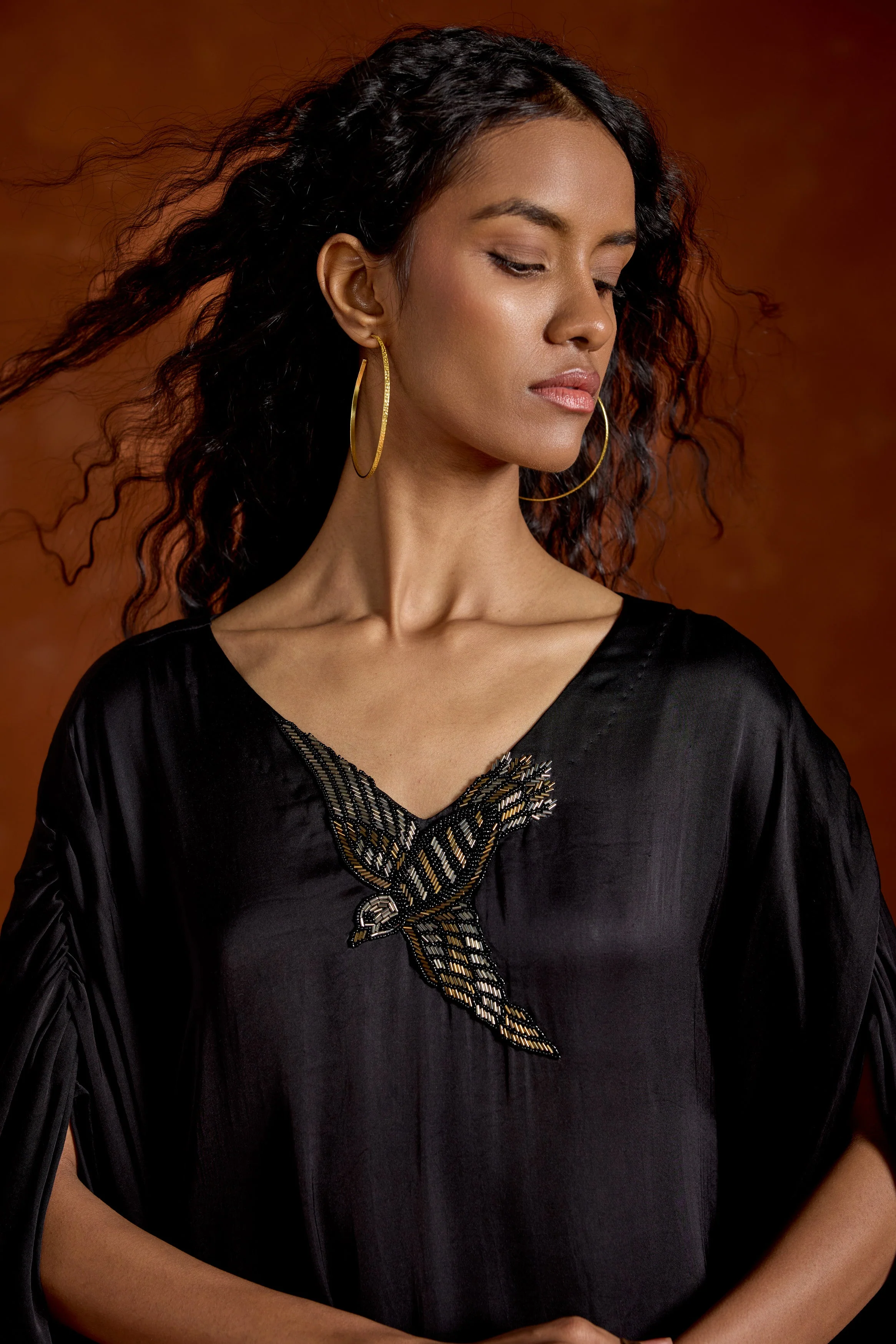 Black Embellished Satin Silk Kaftan Set - Image 3