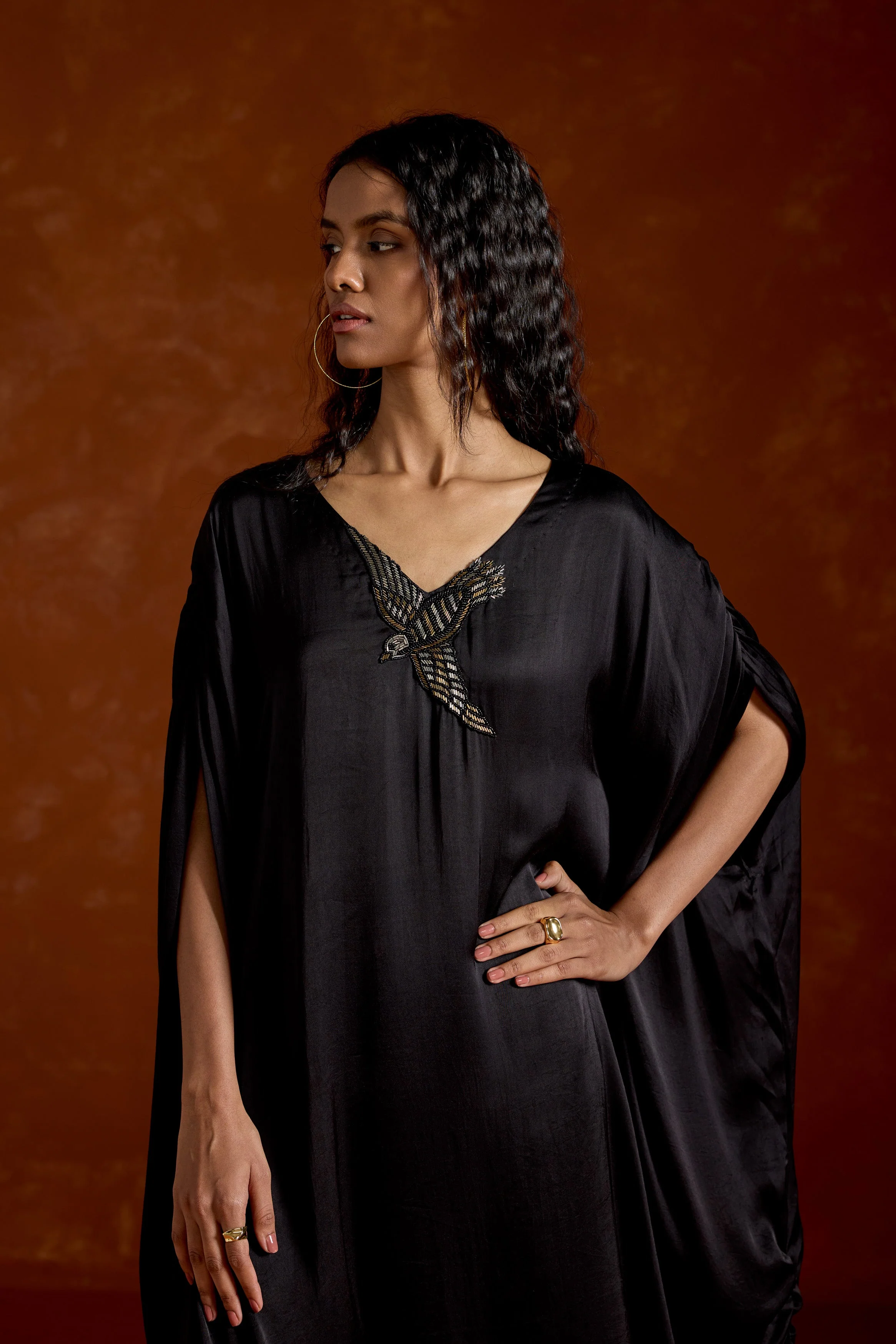 Black Embellished Satin Silk Kaftan Set - Image 4