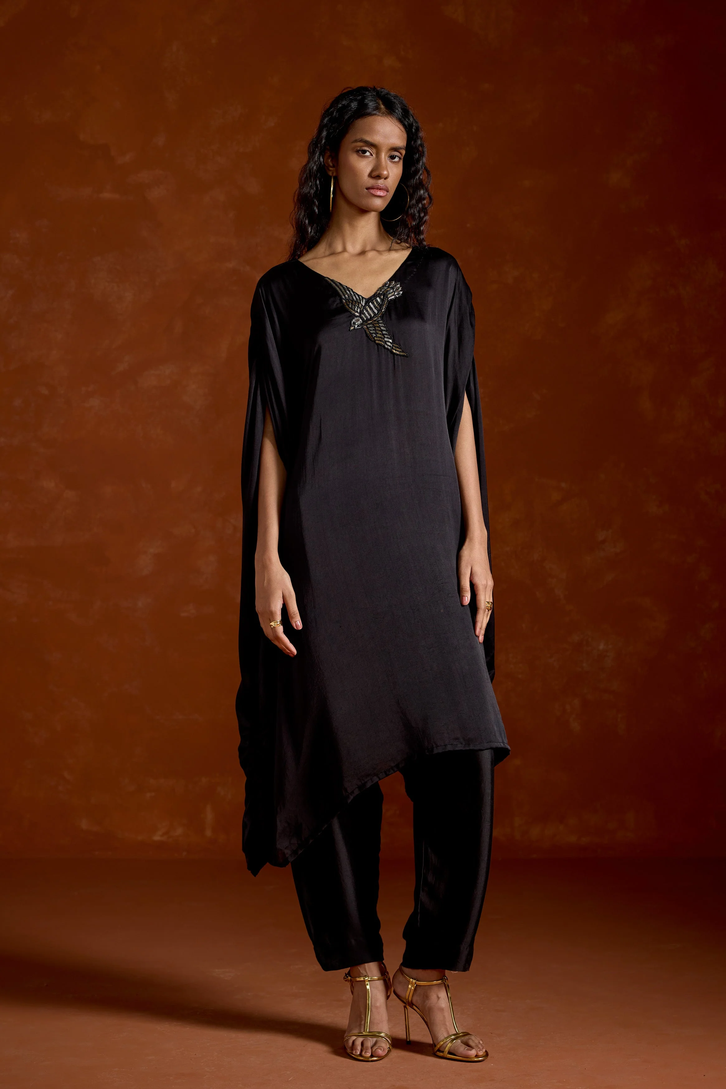 Black Embellished Satin Silk Kaftan Set - Image 5