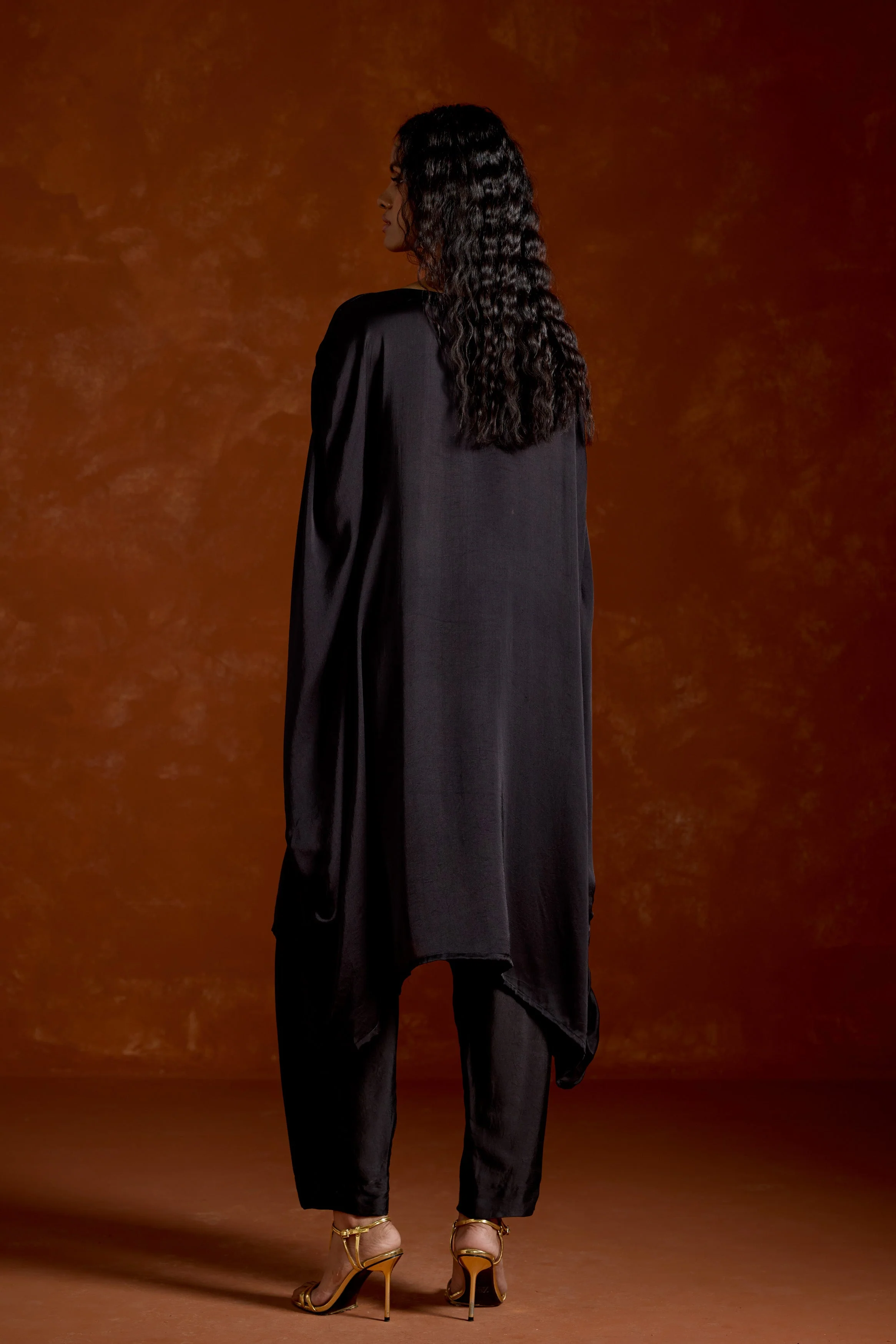 Black Embellished Satin Silk Kaftan Set - Image 6
