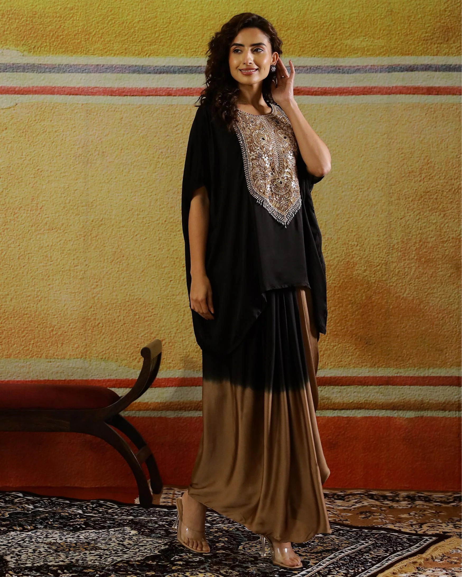 Brown Embellished Satin Silk Kaftan & Skirt Set - Image 3