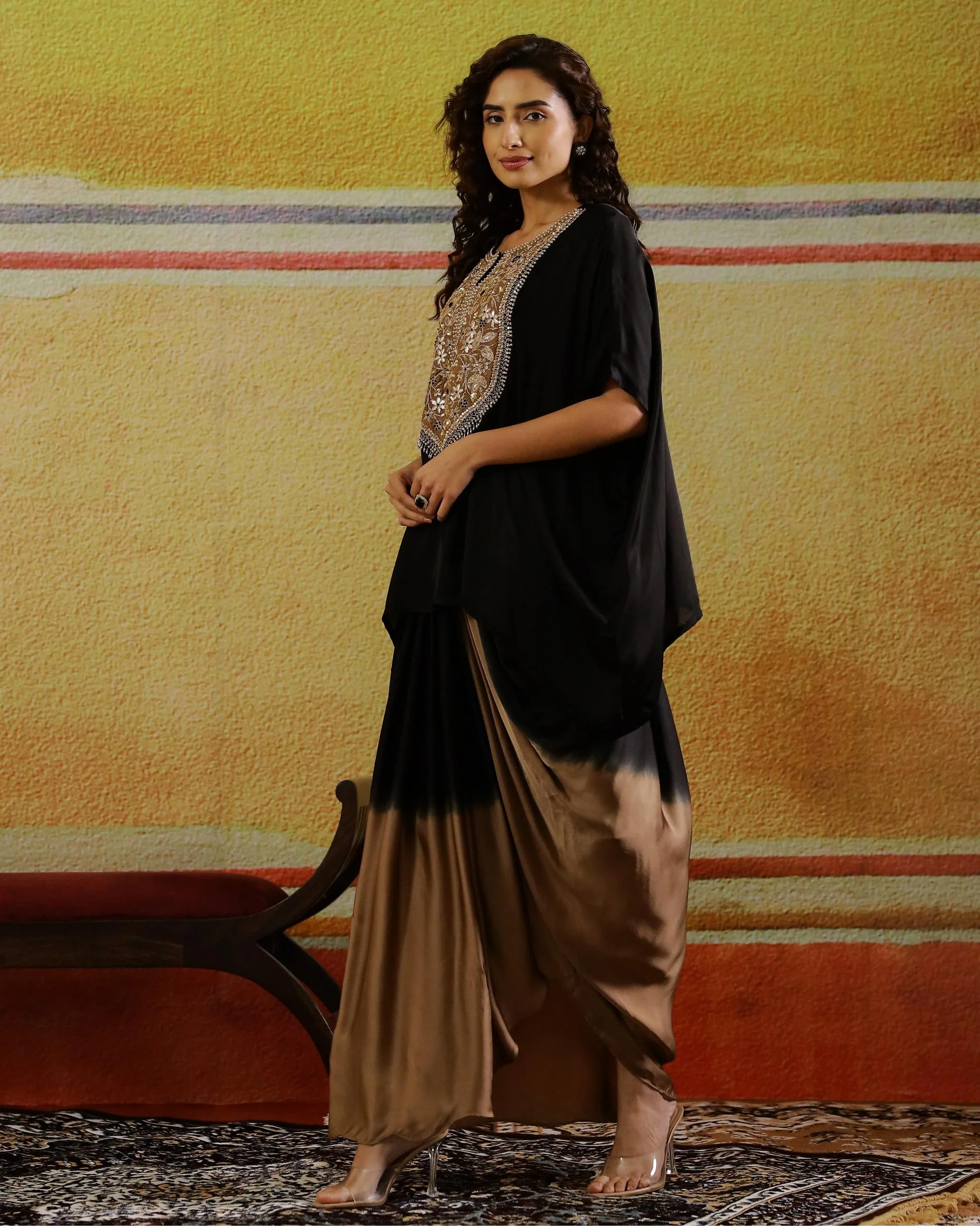 Brown Embellished Satin Silk Kaftan & Skirt Set - Image 4