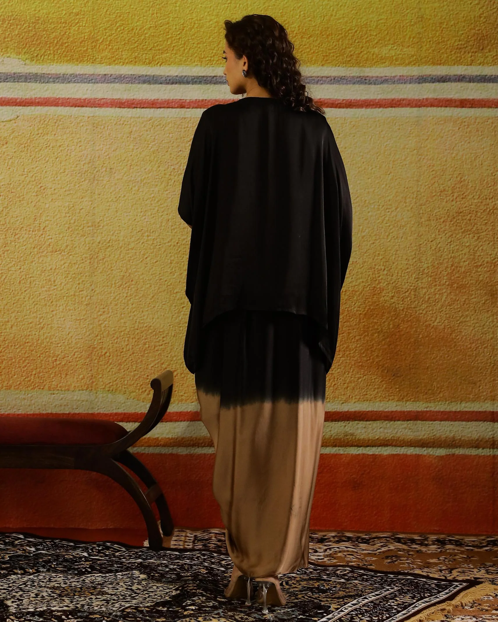 Brown Embellished Satin Silk Kaftan & Skirt Set - Image 5