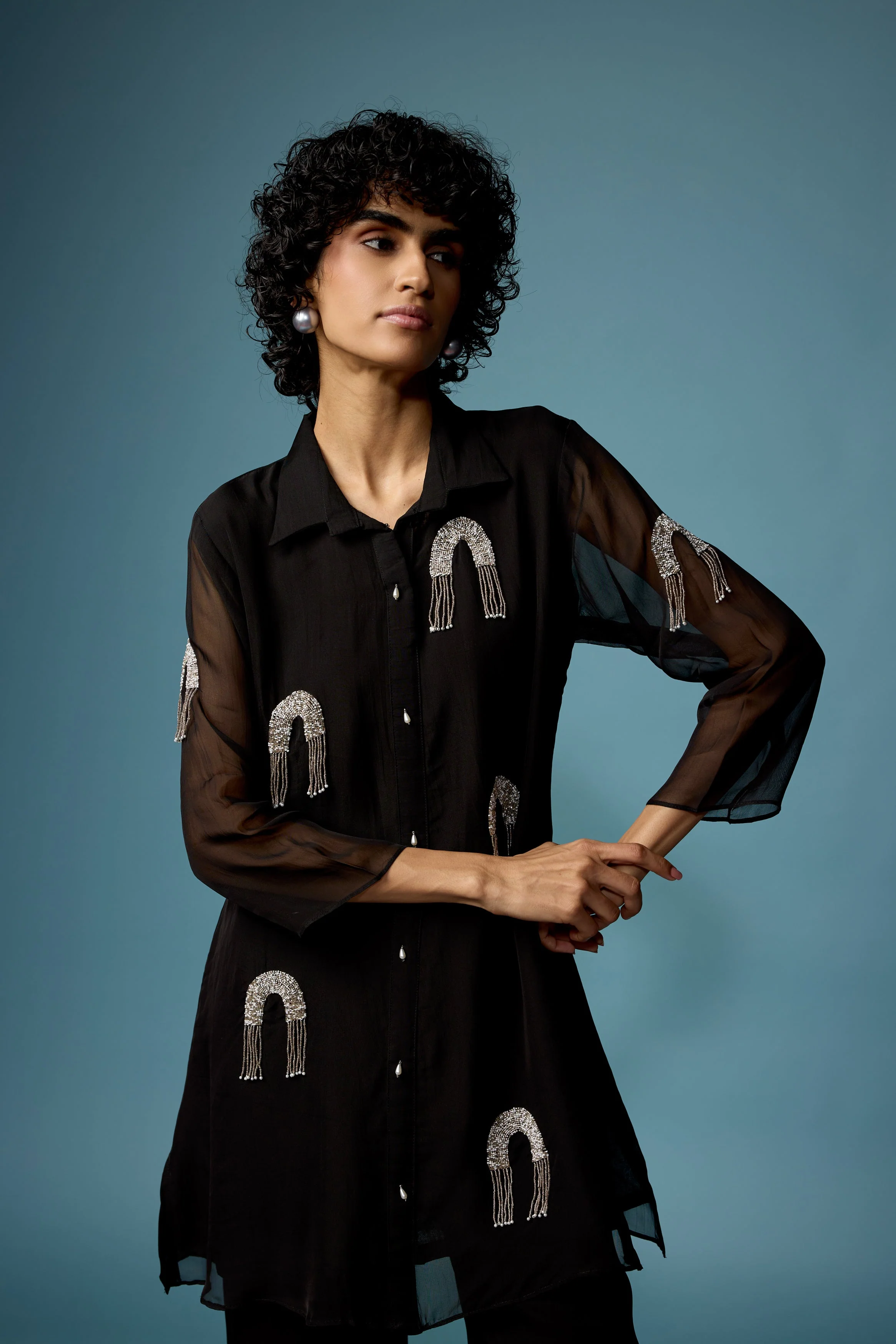 Classic Black Embellished Soft Organza Silk Co-Ord Set - Image 3