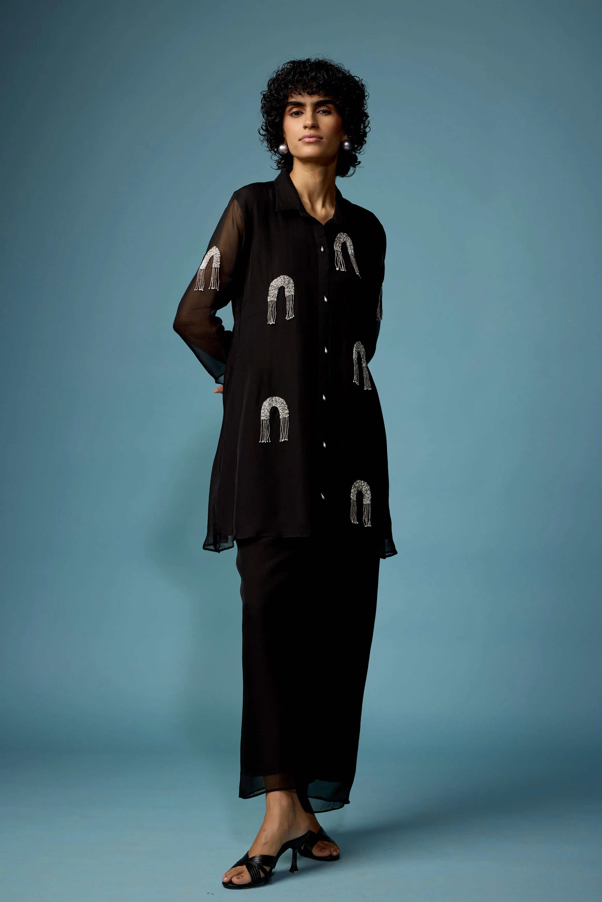 Classic Black Embellished Soft Organza Silk Co-Ord Set - Image 4